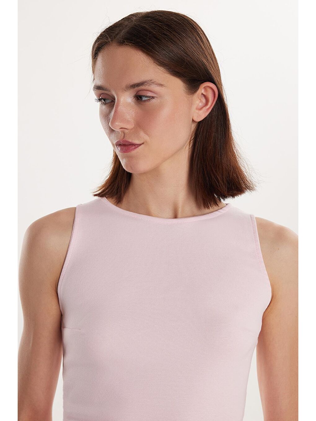 Kadın Modal Kumaş Slim Fit Dar Kesim Bisiklet Yaka Düz Basic Pembe Bluz-1