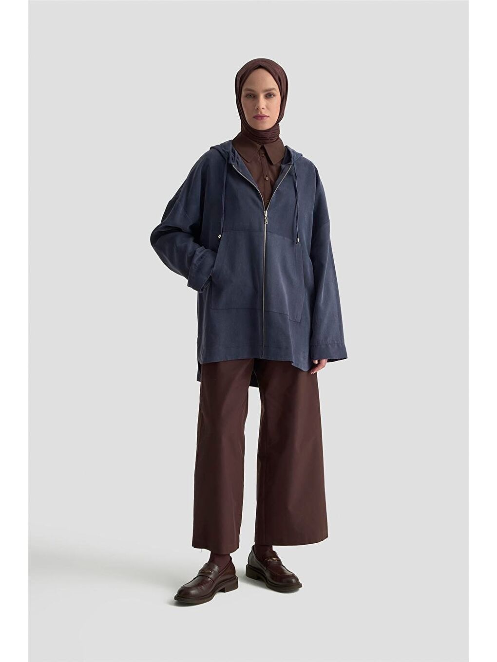 Fermuar Detaylı Kapüşonlu Kap 25Kd1125 İndigo-1