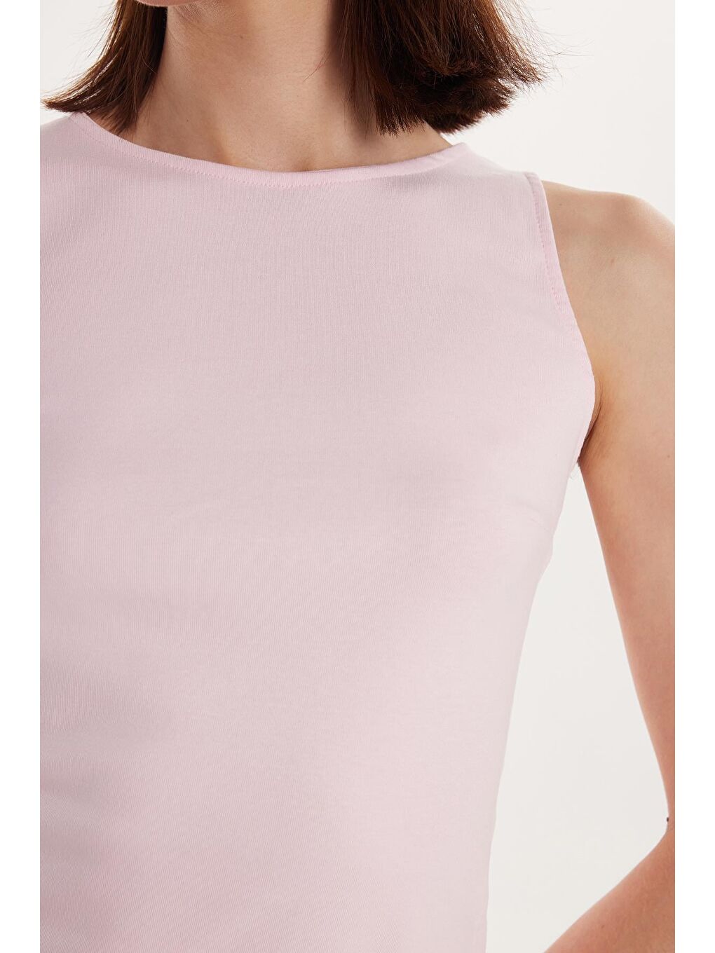 Kadın Modal Kumaş Slim Fit Dar Kesim Bisiklet Yaka Düz Basic Pembe Bluz-2