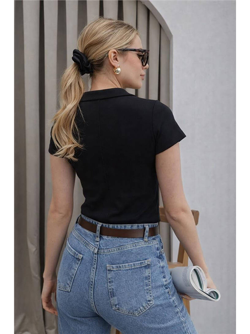 Siyah Pamuklu Fermuarlı Polo Yaka Kadın T Shirt 26Y0332K1-2