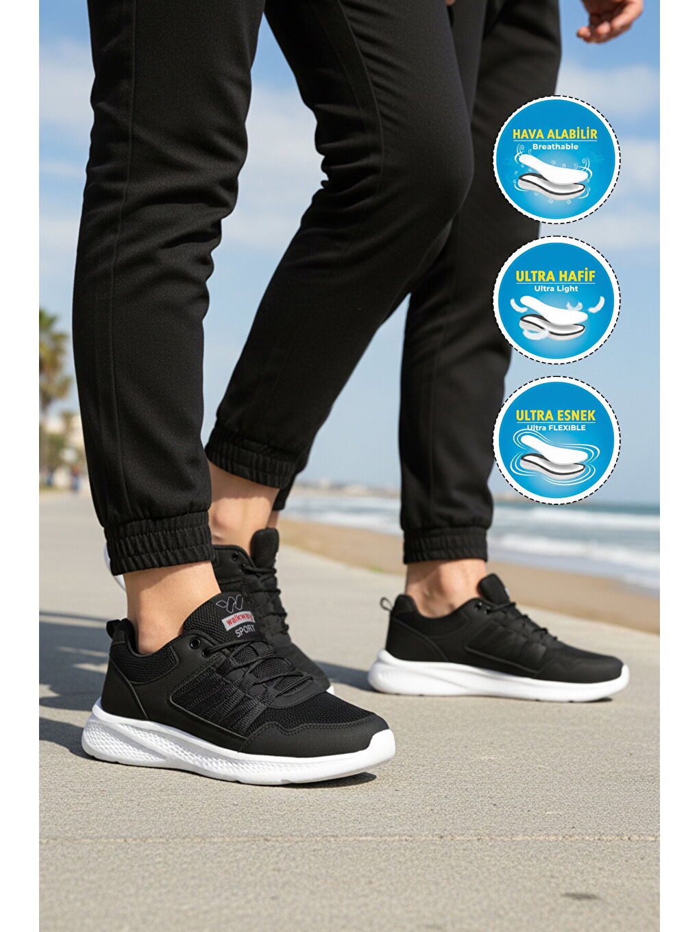 Siyah Beyaz Fileli Hafif Bağcıklı Unisex Spor Ayakkabı 2029 G-2