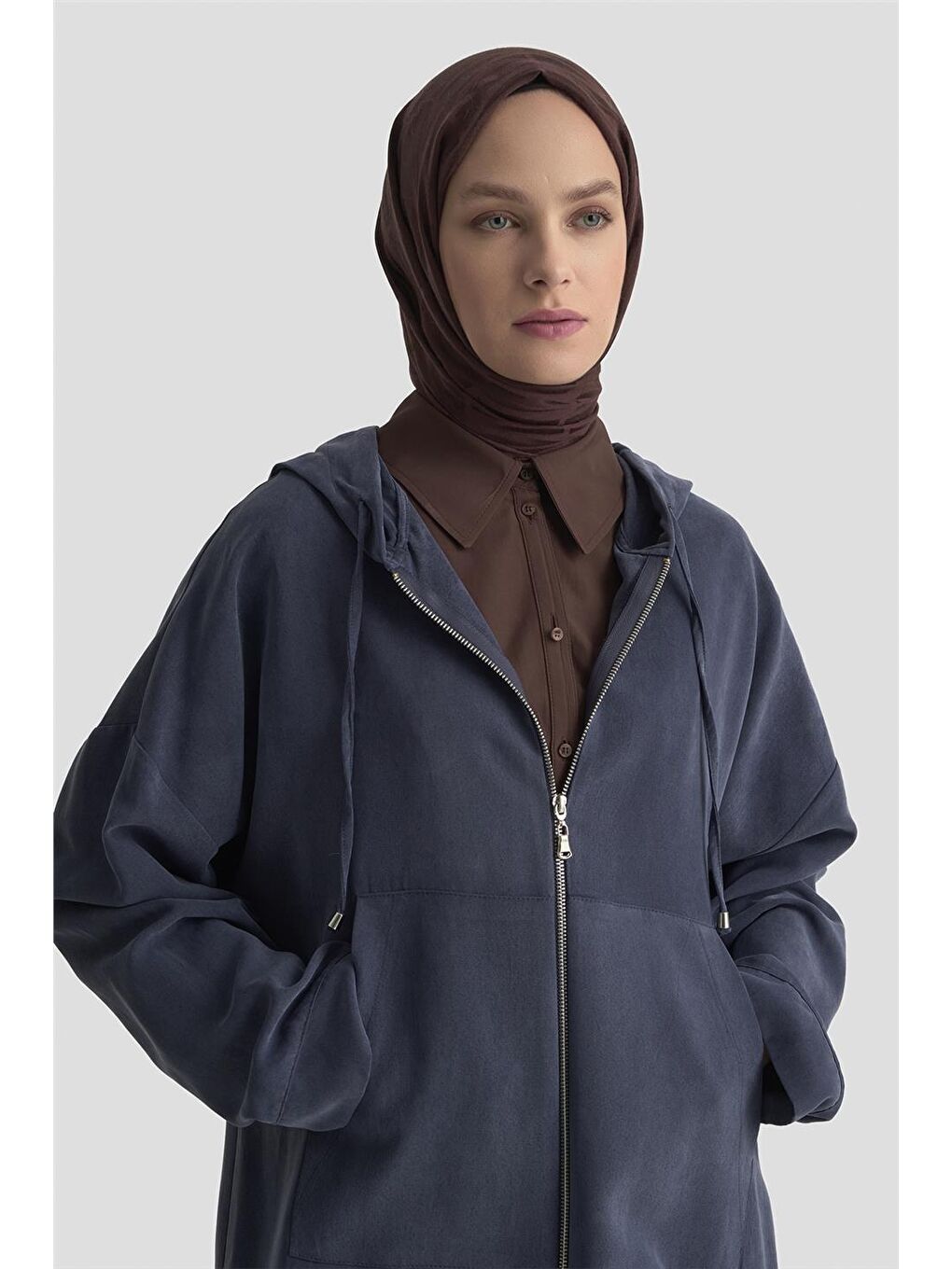 Fermuar Detaylı Kapüşonlu Kap 25Kd1125 İndigo-2