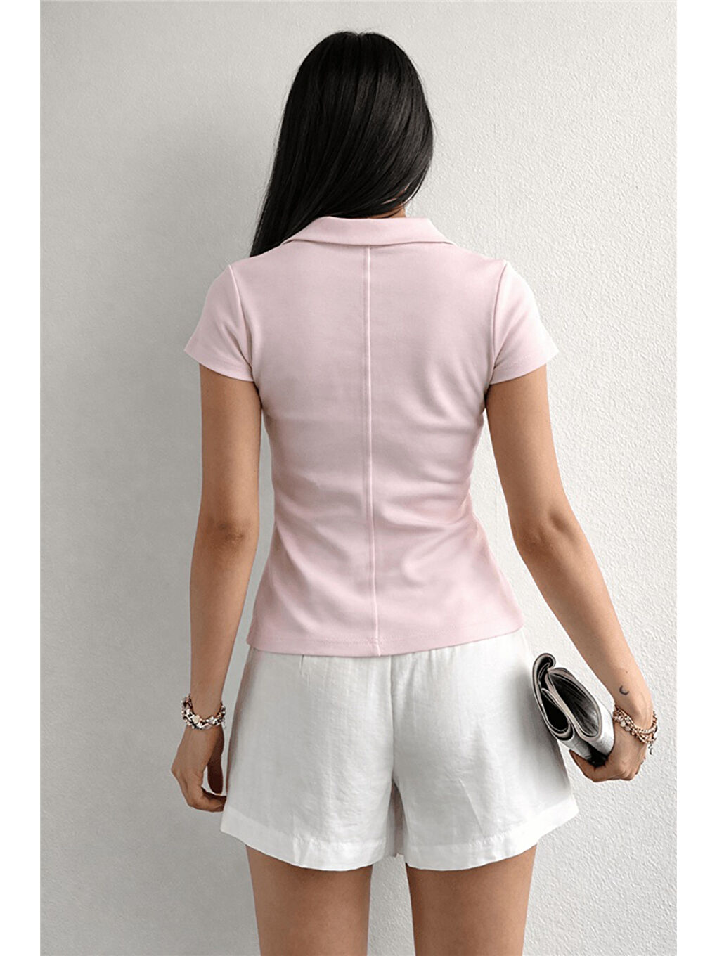 Pembe Pamuklu Fermuarlı Polo Yaka Kadın T Shirt 26Y0332K1-2