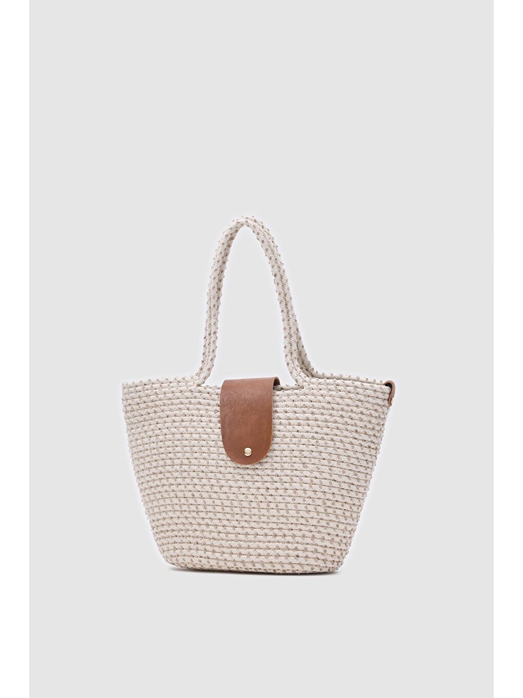 Beyaz Duffy Kapaklı Handmade Hasır Tote Çanta Ekru-1