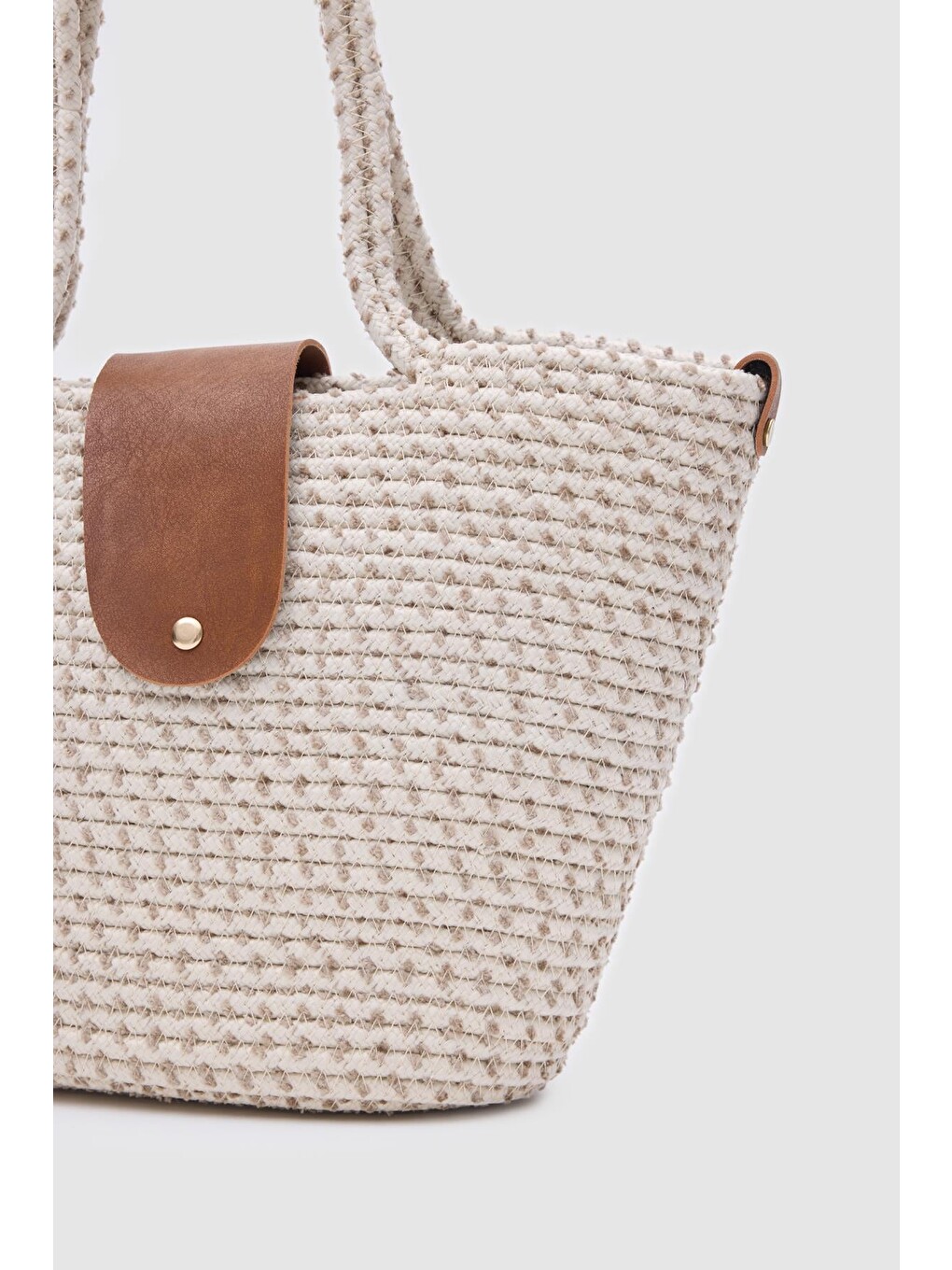 Beyaz Duffy Kapaklı Handmade Hasır Tote Çanta Ekru-2