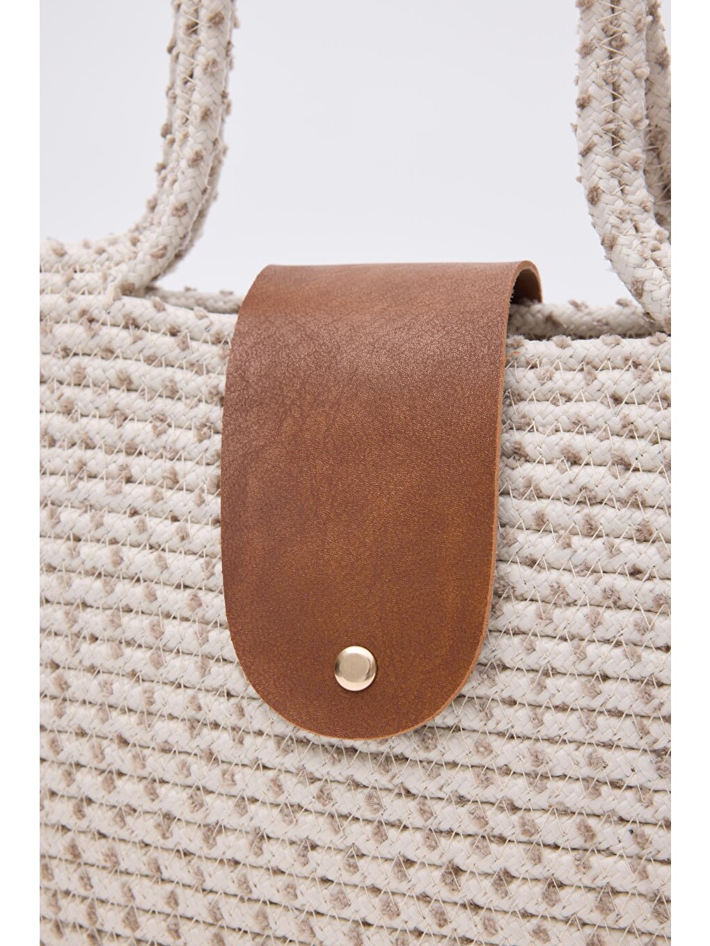 Beyaz Duffy Kapaklı Handmade Hasır Tote Çanta Ekru-3