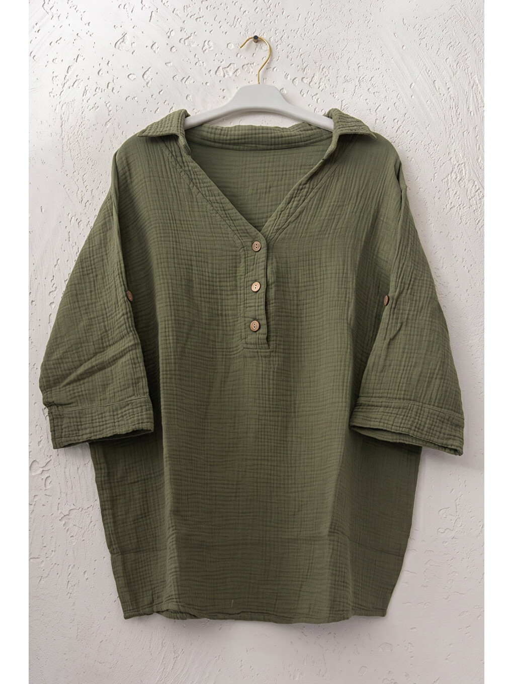 Haki Gömlek Yaka Düğmeli 3/4 Kol Casual Müslin Oversize Dokuma 67 67-1