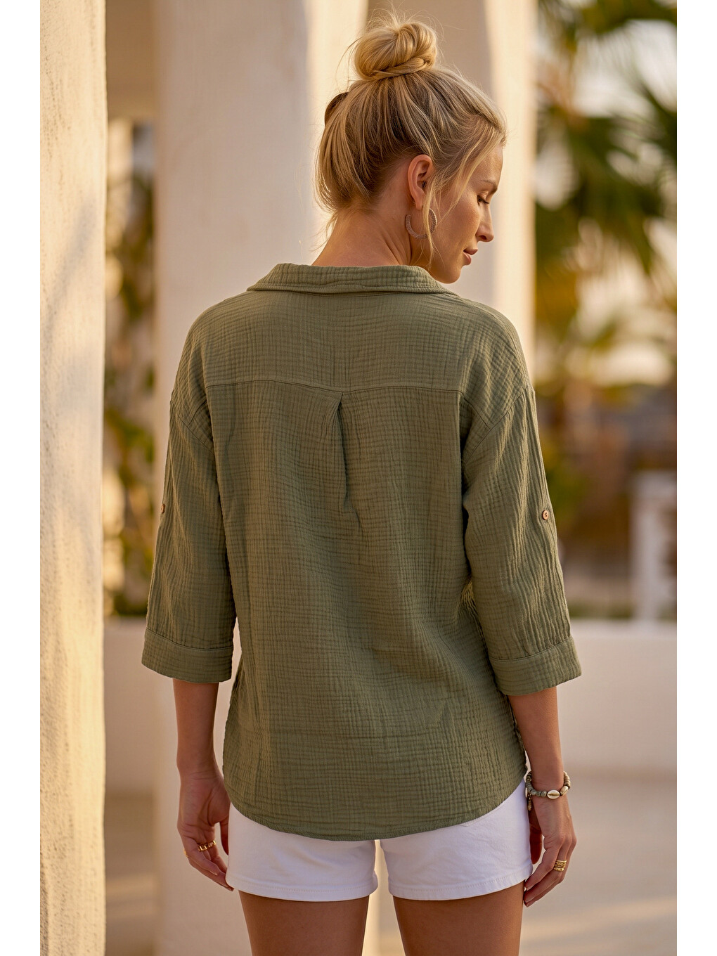 Haki Gömlek Yaka Düğmeli 3/4 Kol Casual Müslin Oversize Dokuma 67 67-2