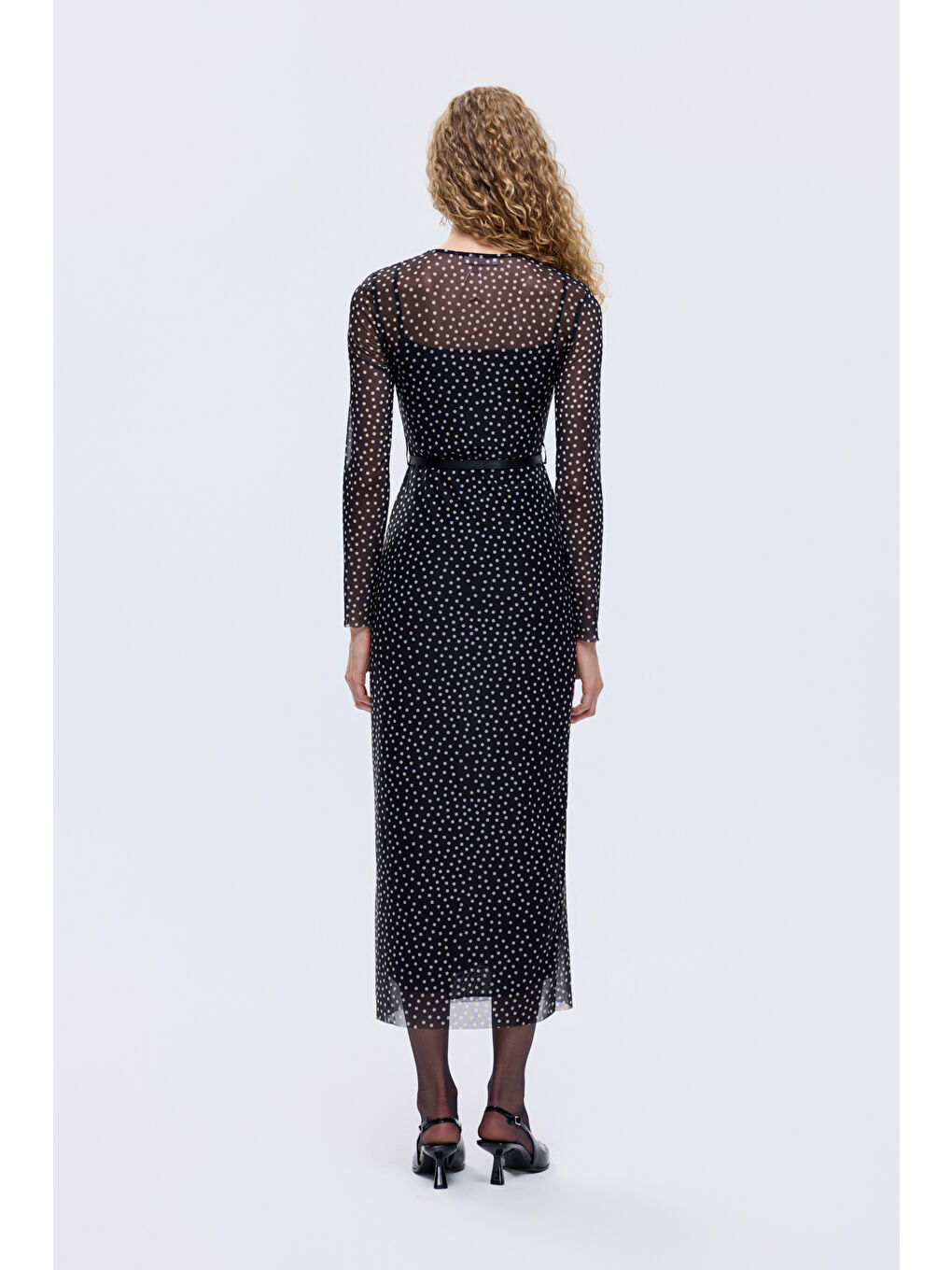 Kemer Aksesuarlı Puantiyeli Transparan Midi Elbise Siyah-4