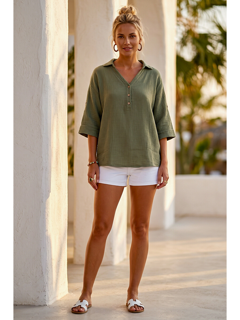 Haki Gömlek Yaka Düğmeli 3/4 Kol Casual Müslin Oversize Dokuma 67 67-3