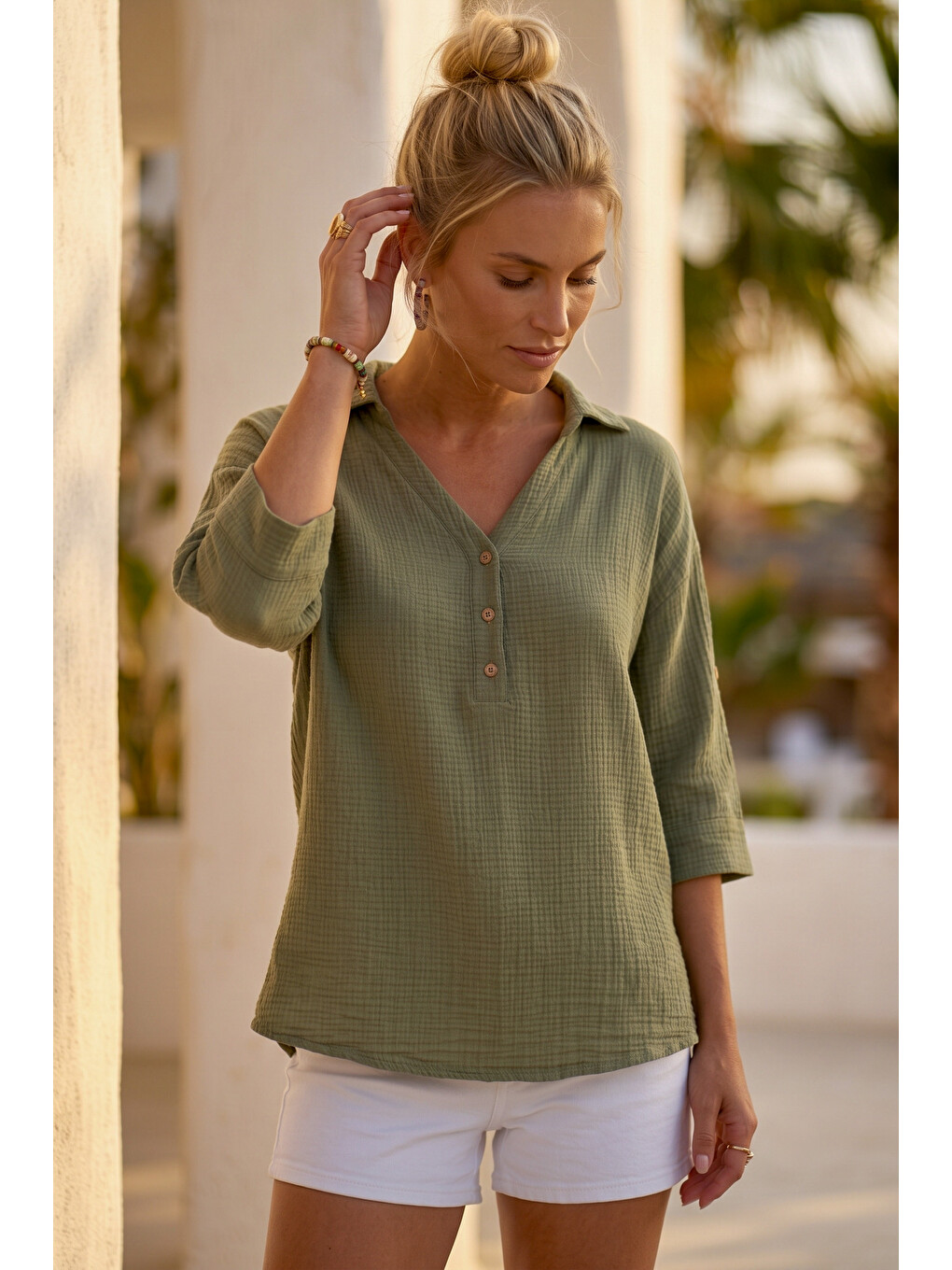 Haki Gömlek Yaka Düğmeli 3/4 Kol Casual Müslin Oversize Dokuma 67 67-4
