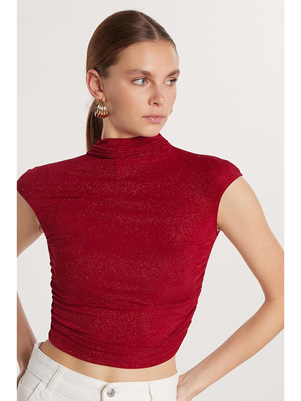 Kadın Slim Fit Dar Kesim Lastikli Kısa Kol Bordo Bisiklet Yaka Bluz