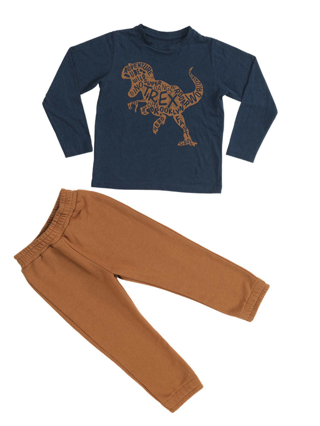 Casabony Kahverengi T-Rex Baskılı Jogger Pantolon + Uzun Kol -Tişört Takım - 1
