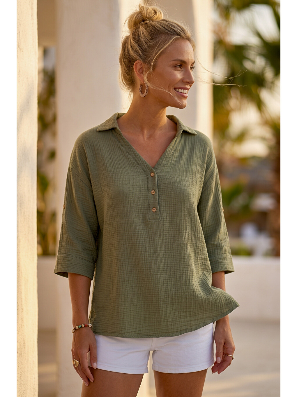 Haki Gömlek Yaka Düğmeli 3/4 Kol Casual Müslin Oversize Dokuma 67 67-5