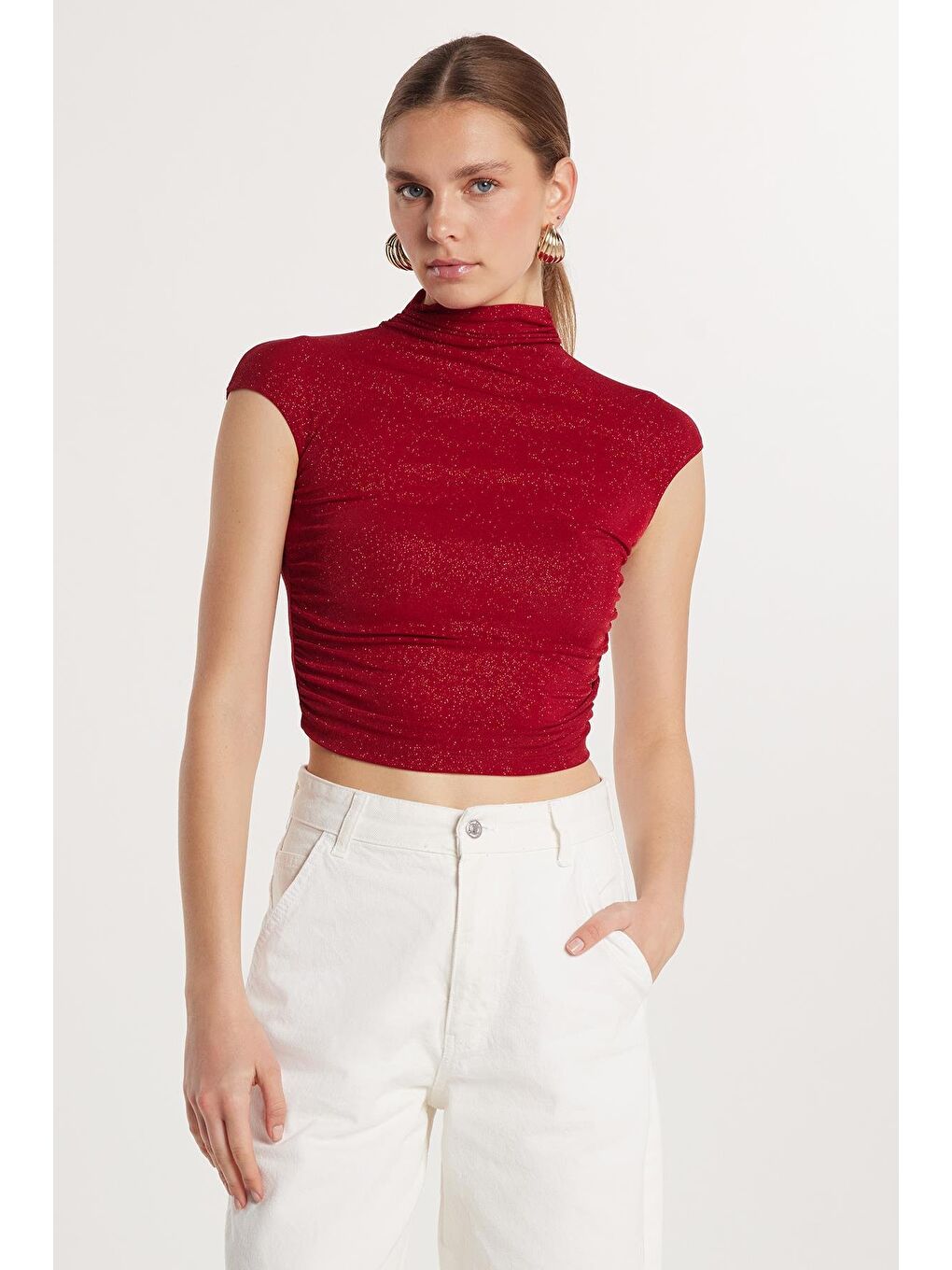 Kadın Slim Fit Dar Kesim Lastikli Kısa Kol Bordo Bisiklet Yaka Bluz-1