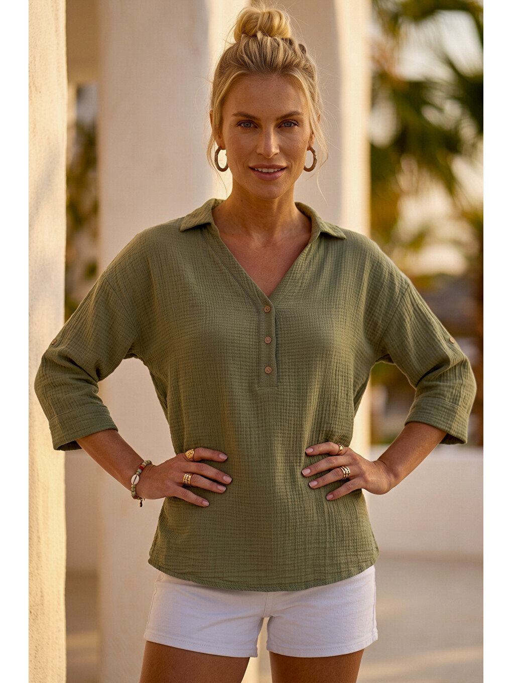 Haki Gömlek Yaka Düğmeli 3/4 Kol Casual Müslin Oversize Dokuma 67 67-6