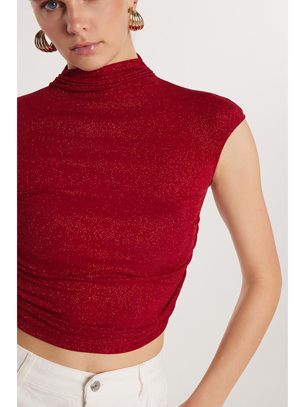 Kadın Slim Fit Dar Kesim Lastikli Kısa Kol Bordo Bisiklet Yaka Bluz-2