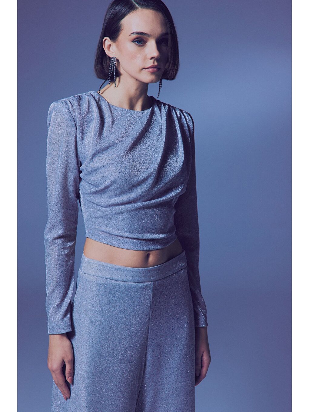 Gri Vatkalı Simli Bluz - Gümüş-1