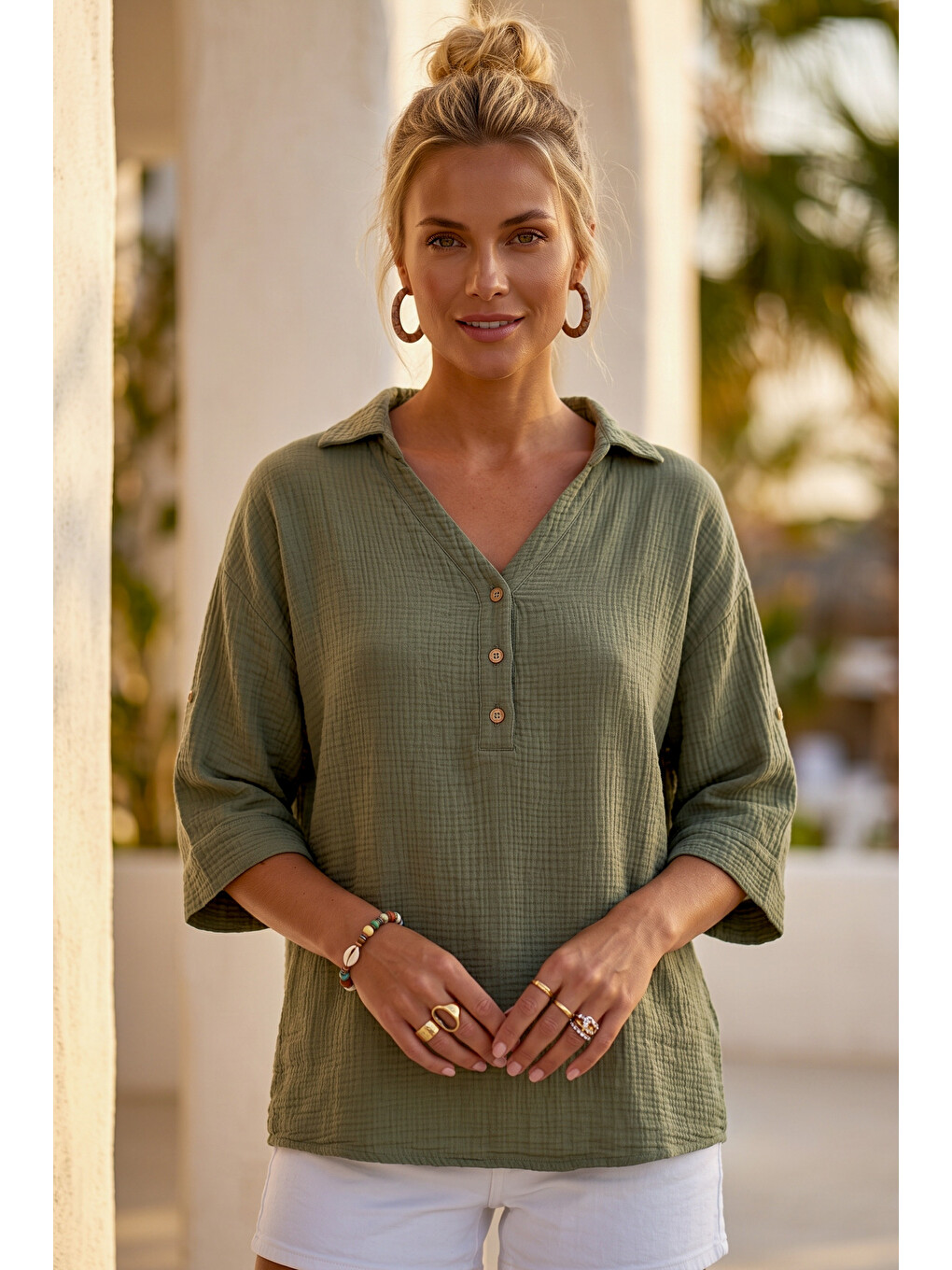 Haki Gömlek Yaka Düğmeli 3/4 Kol Casual Müslin Oversize Dokuma 67 67-7