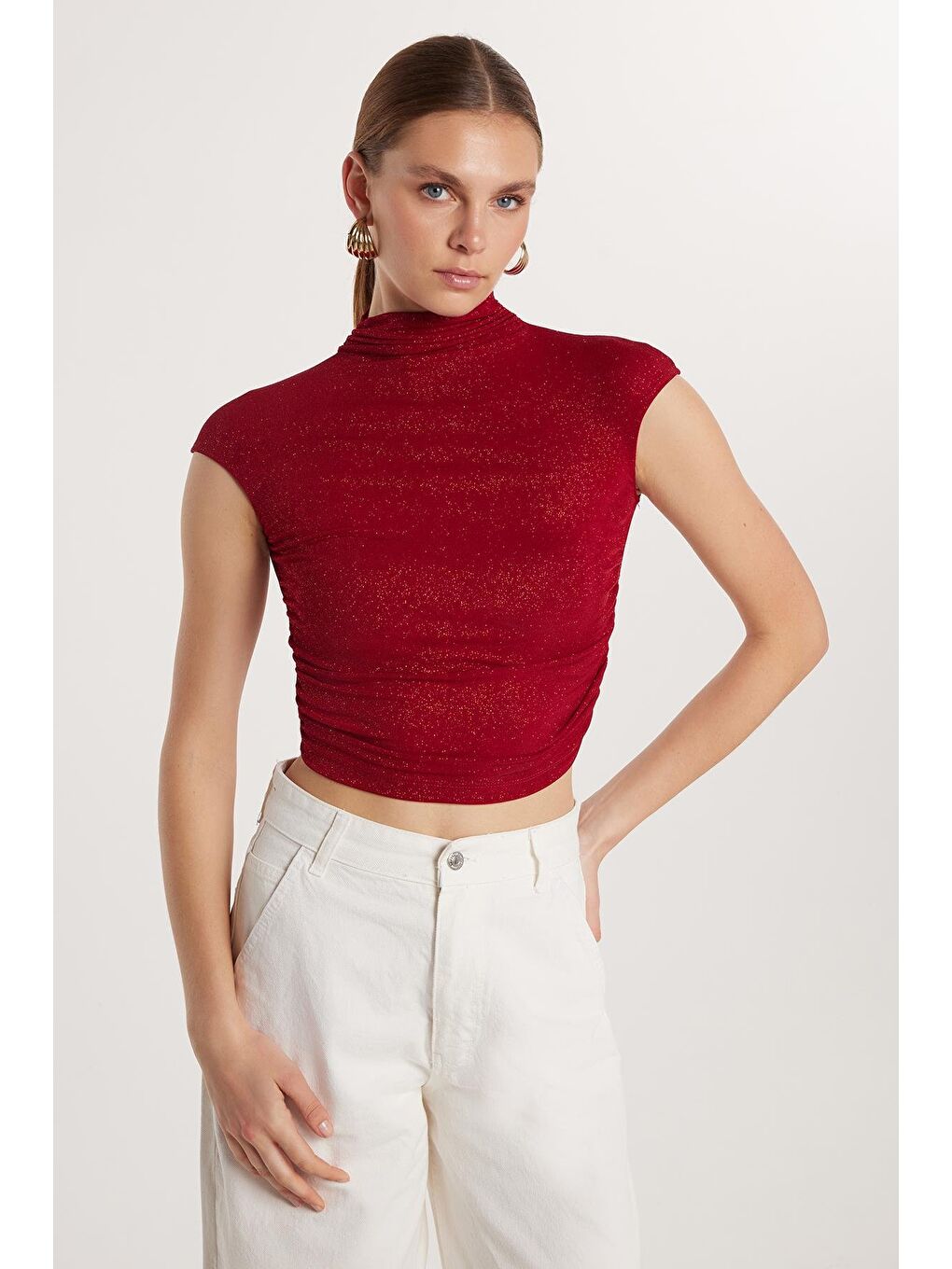 Kadın Slim Fit Dar Kesim Lastikli Kısa Kol Bordo Bisiklet Yaka Bluz-3