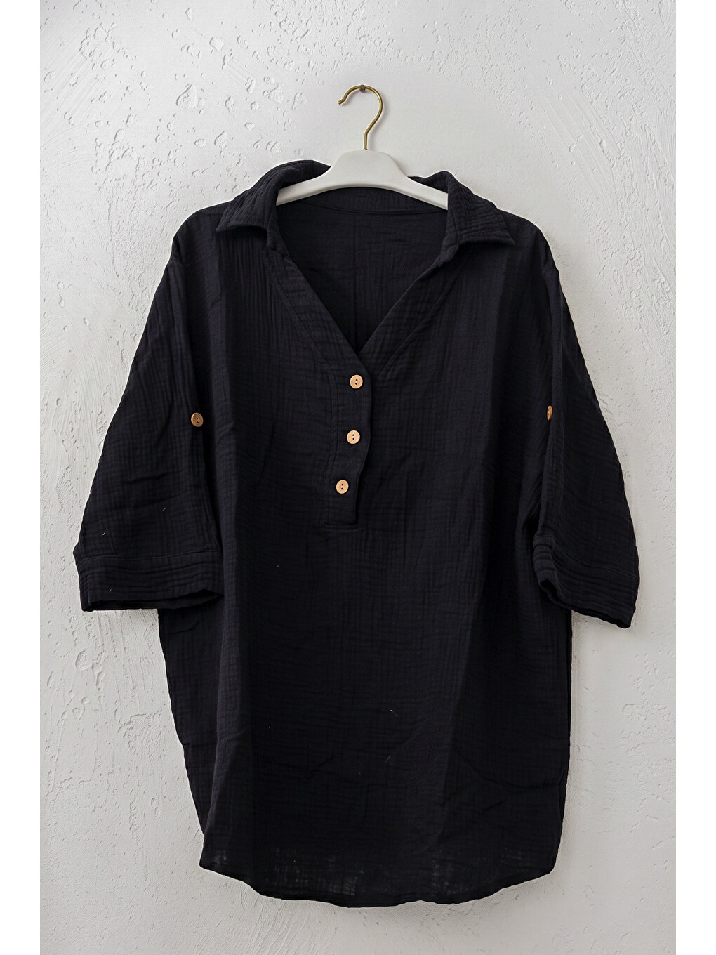 Siyah Gömlek Yaka Düğmeli 3/4 Kol Casual Müslin Oversize Dokuma 67 67-1