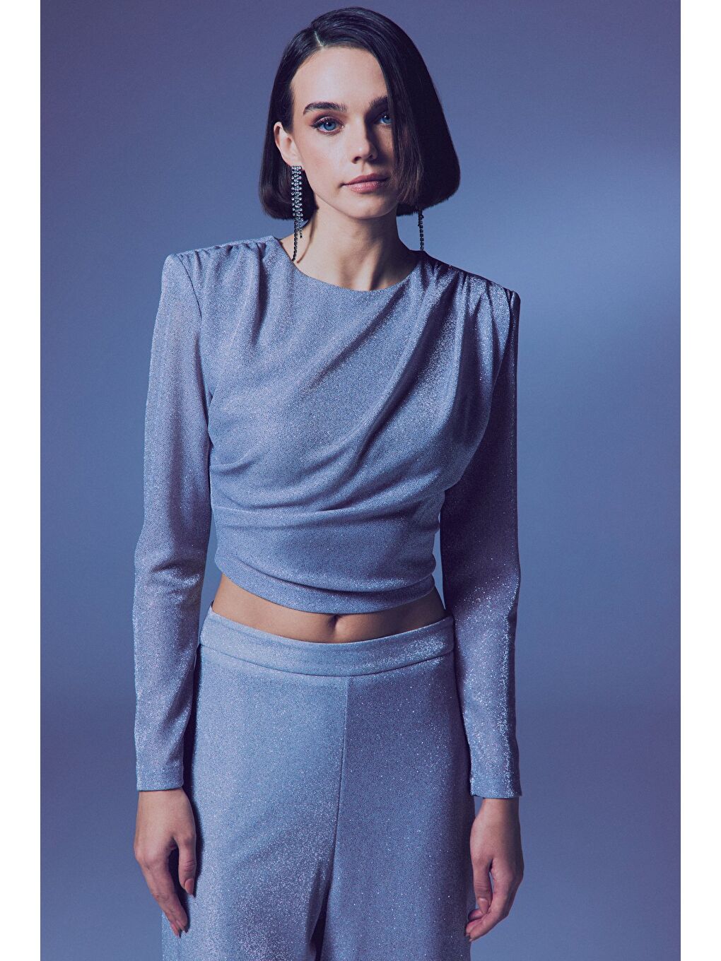 Gri Vatkalı Simli Bluz - Gümüş-2