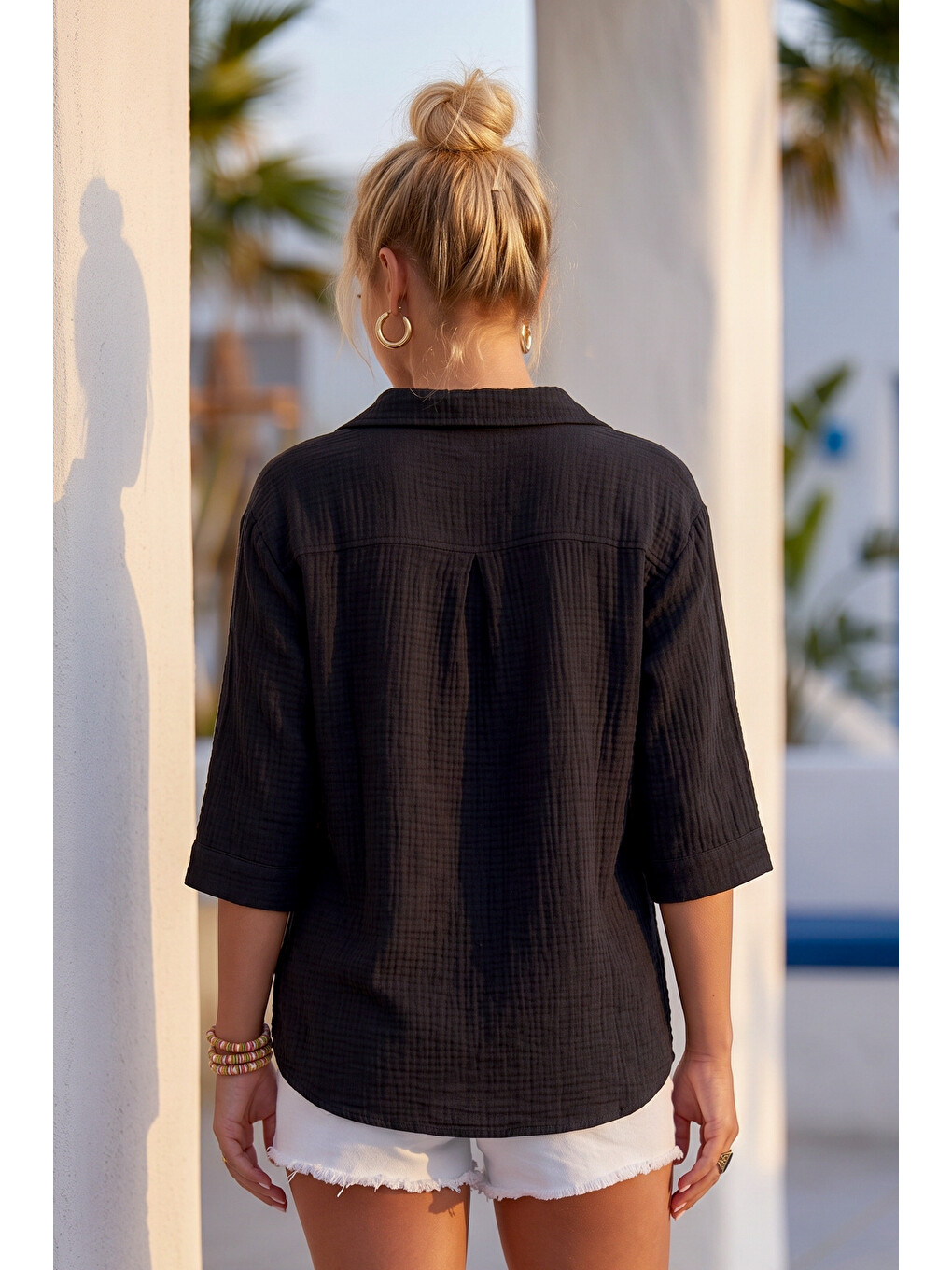 Siyah Gömlek Yaka Düğmeli 3/4 Kol Casual Müslin Oversize Dokuma 67 67-2