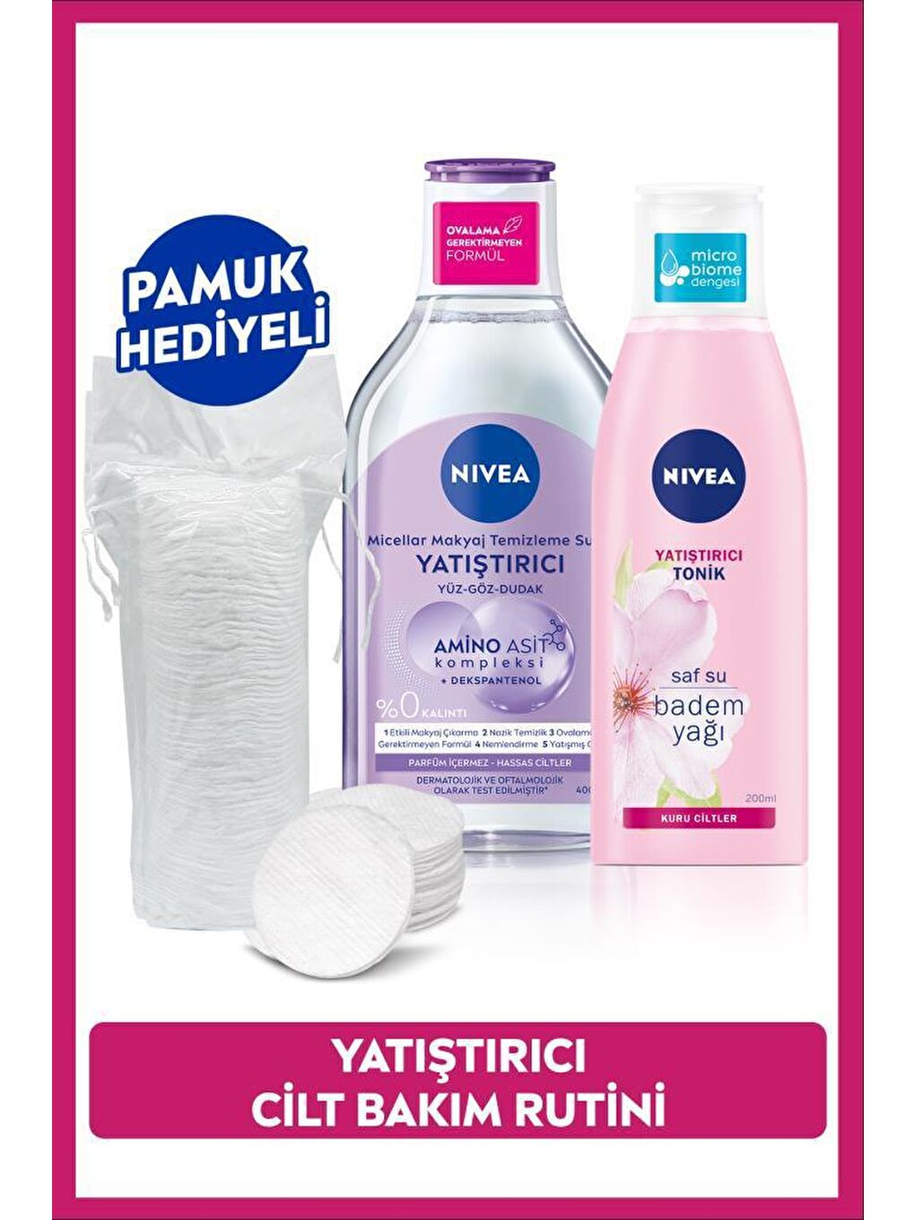 NIVEA Şeffaf Yatıştırıcı Micellar Makyaj Temizleme Suyu 400 ml ve Yatıştırıcı Tonik 200 ml, Pamuk Hediye