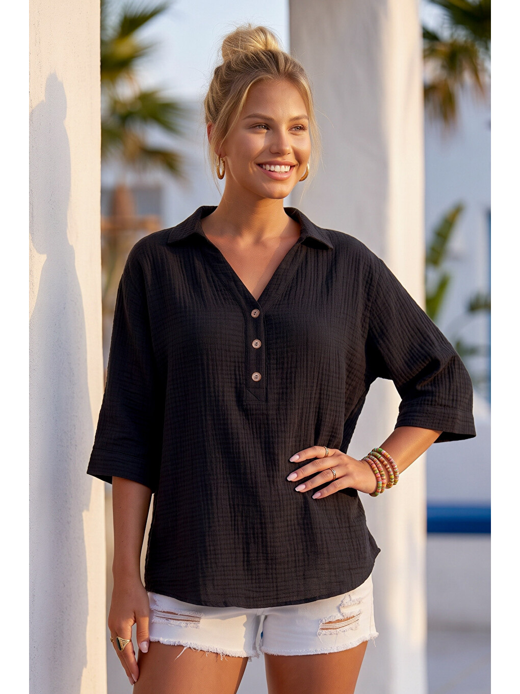 Siyah Gömlek Yaka Düğmeli 3/4 Kol Casual Müslin Oversize Dokuma 67 67-3