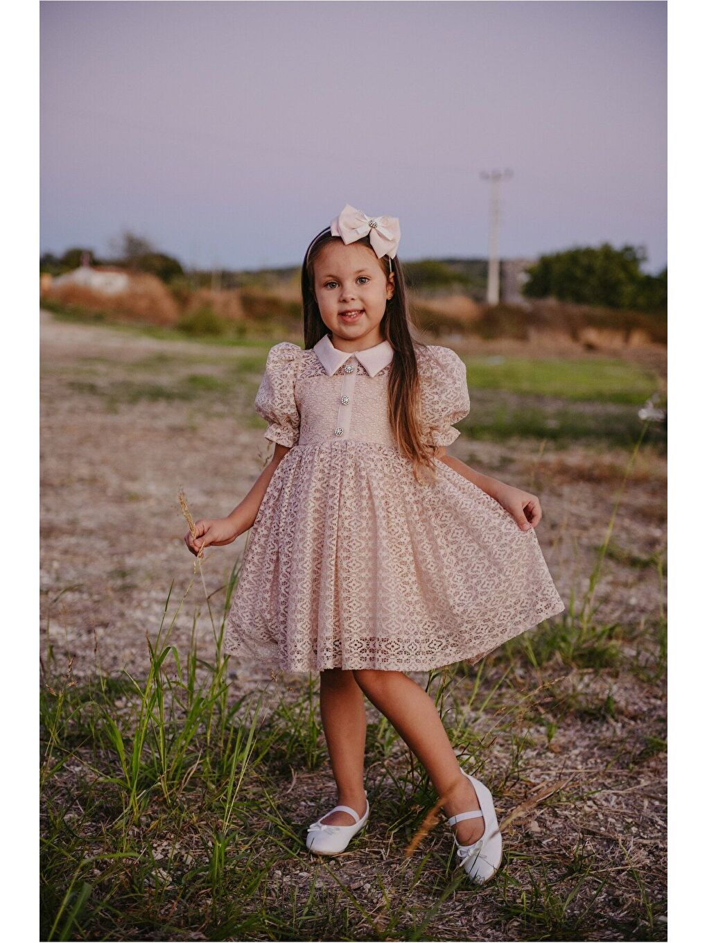 Pembe Dantel Detaylı Kabarık Kollu Kız Çocuk Özel Kısa Elbise_M2449