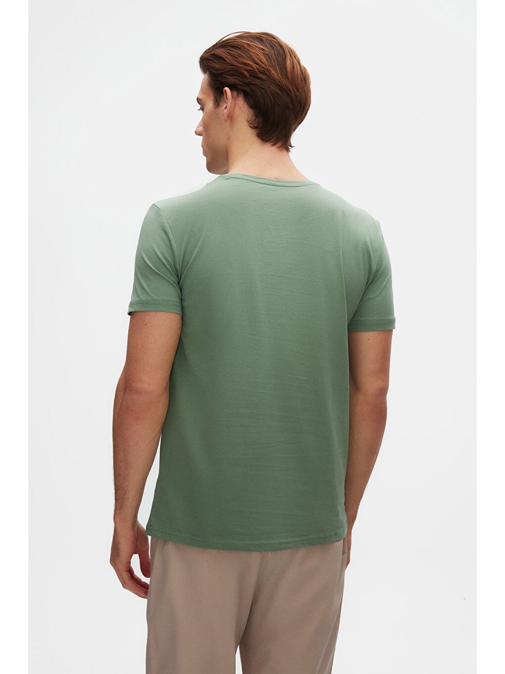 Slim Fit Yeşil Bisiklet Yaka %100 Pamuklu Nefes Alabilen T-Shirt-2