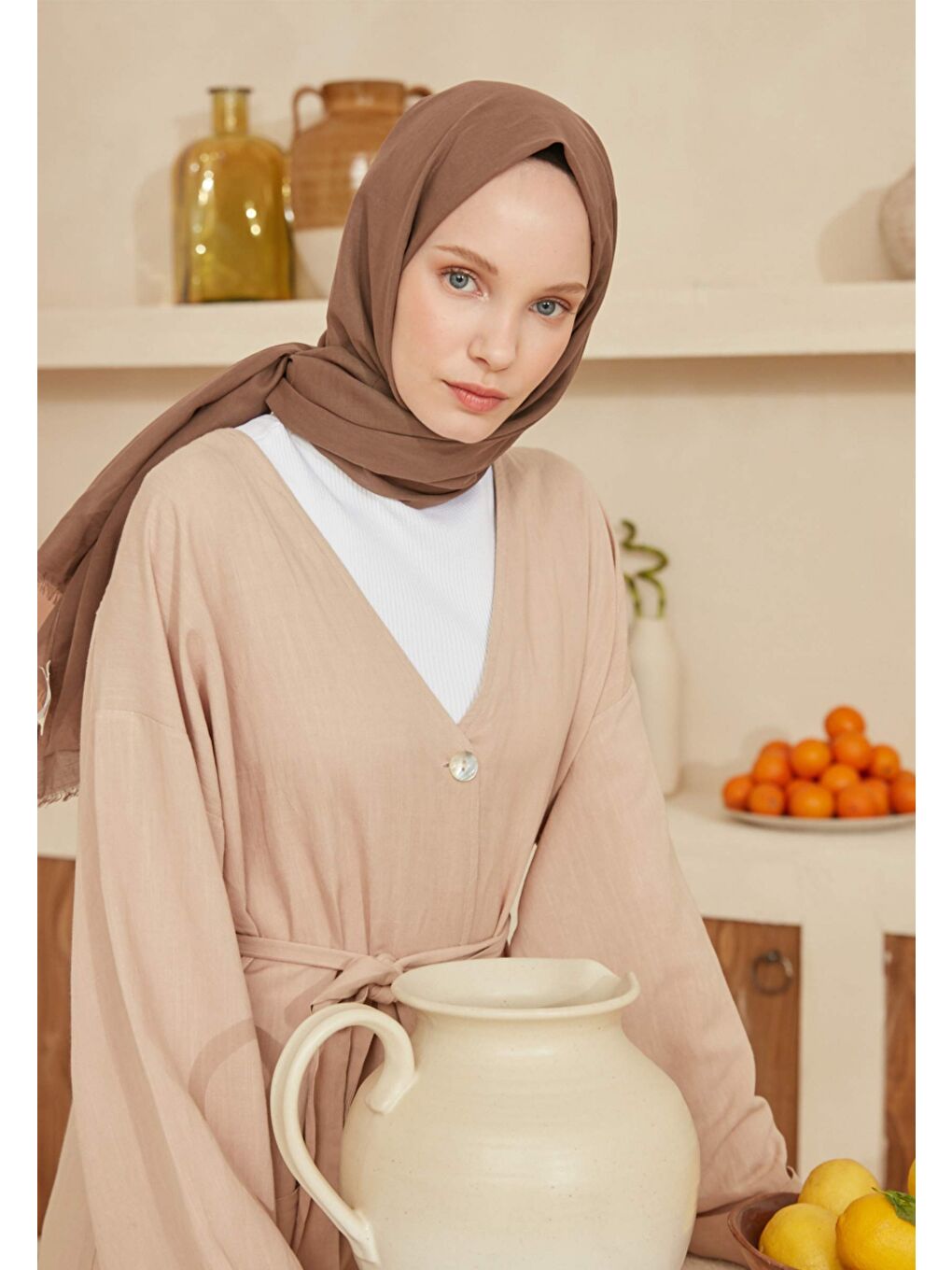 Kahverengi İnce Pamuk Vual Şal Koyu Vizon