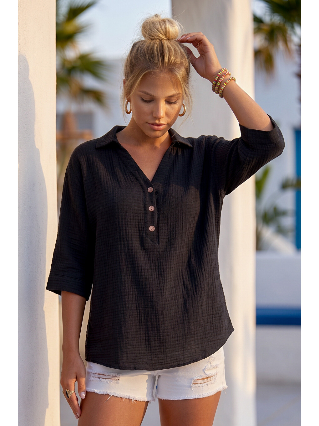 Siyah Gömlek Yaka Düğmeli 3/4 Kol Casual Müslin Oversize Dokuma 67 67-4