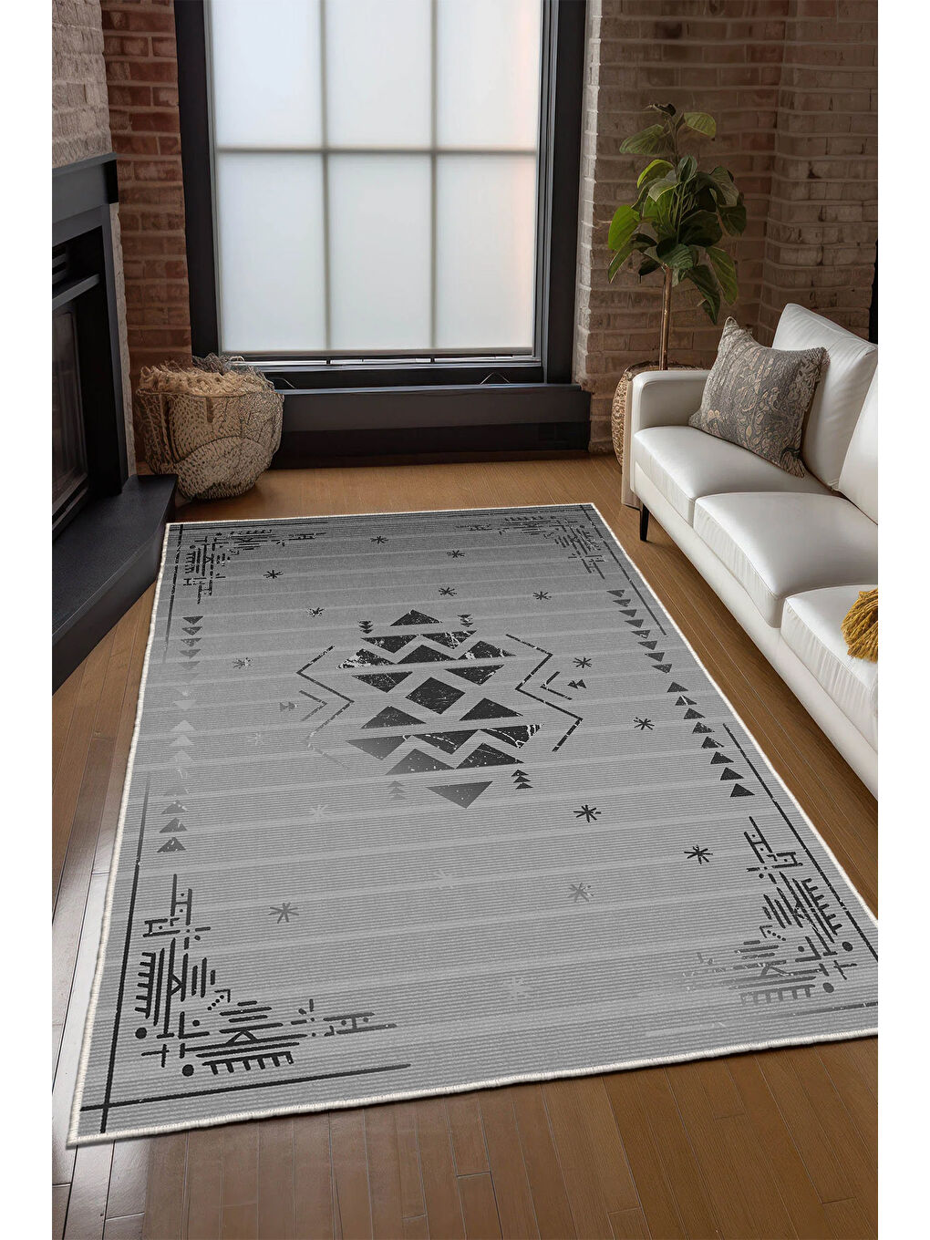 Gri Dekoratif Özel Tasarım Yıkanabilir İnce Kaymaz Tabanlı Modern Halı KECE FR46-3