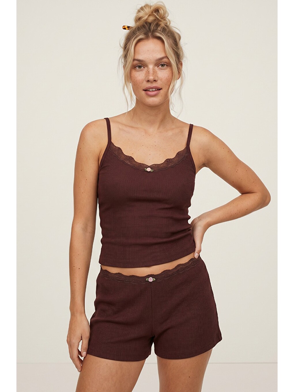 Mürdüm Bürümcük-krınkıl İp Askılı Şortlu Pijama Takım 8060