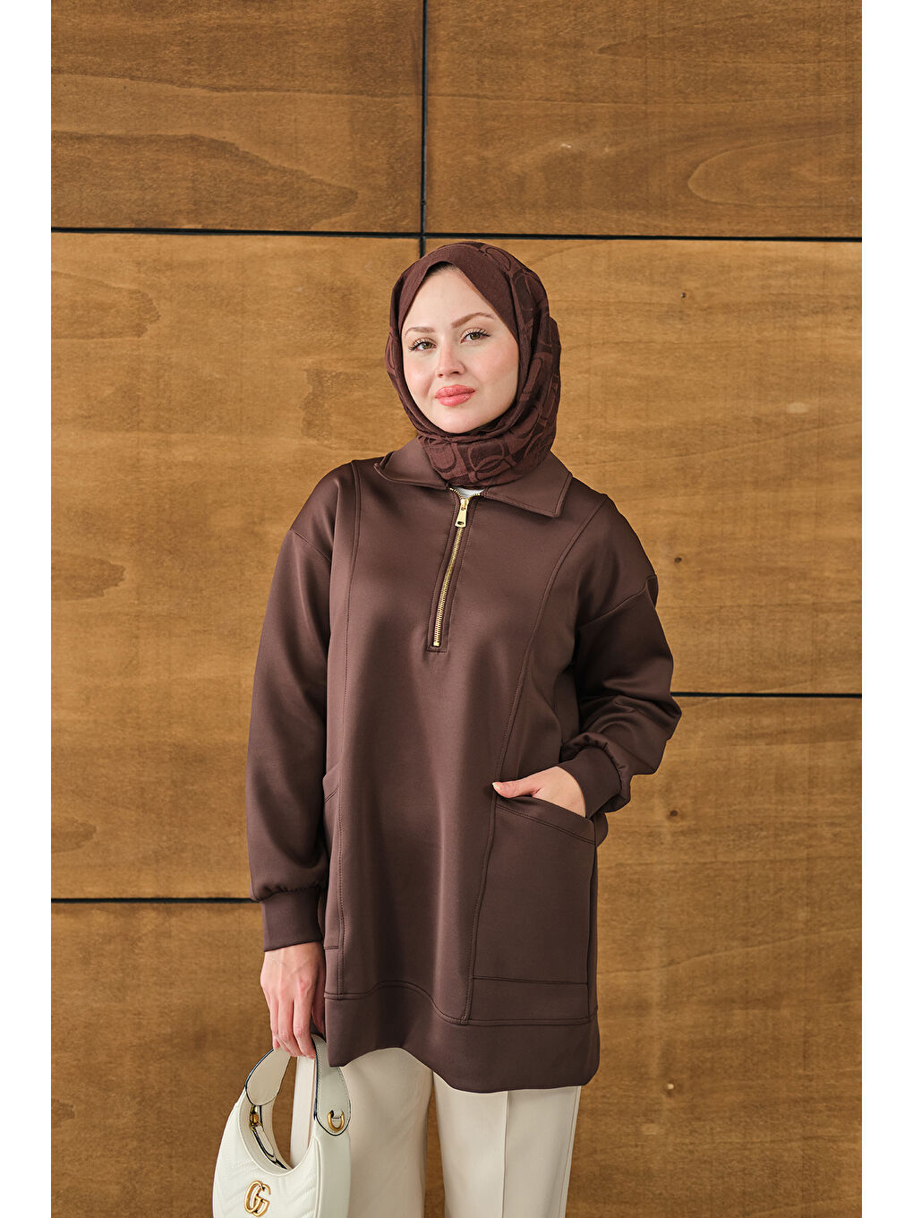 Kadın Cep Ve Yaka Detay Yarım Fermuarlı Sweat Kahverengi-2
