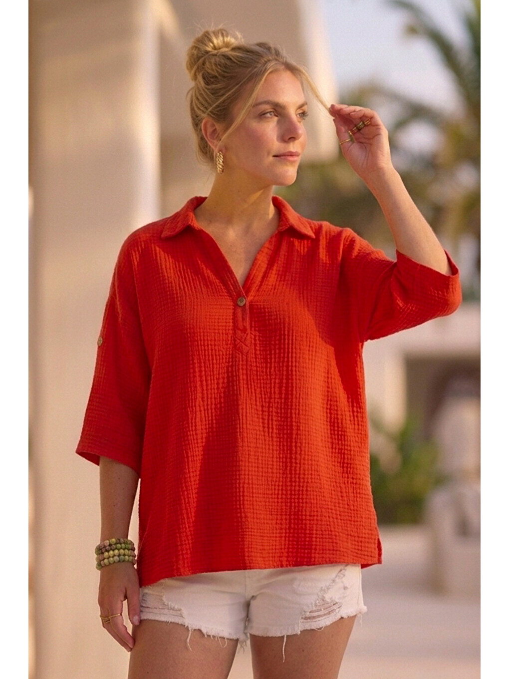Kırmızı Narçiçeği Gömlek Yaka Düğmeli 3/4 Kol Casual Müslin Oversize Dokuma 67 55-2