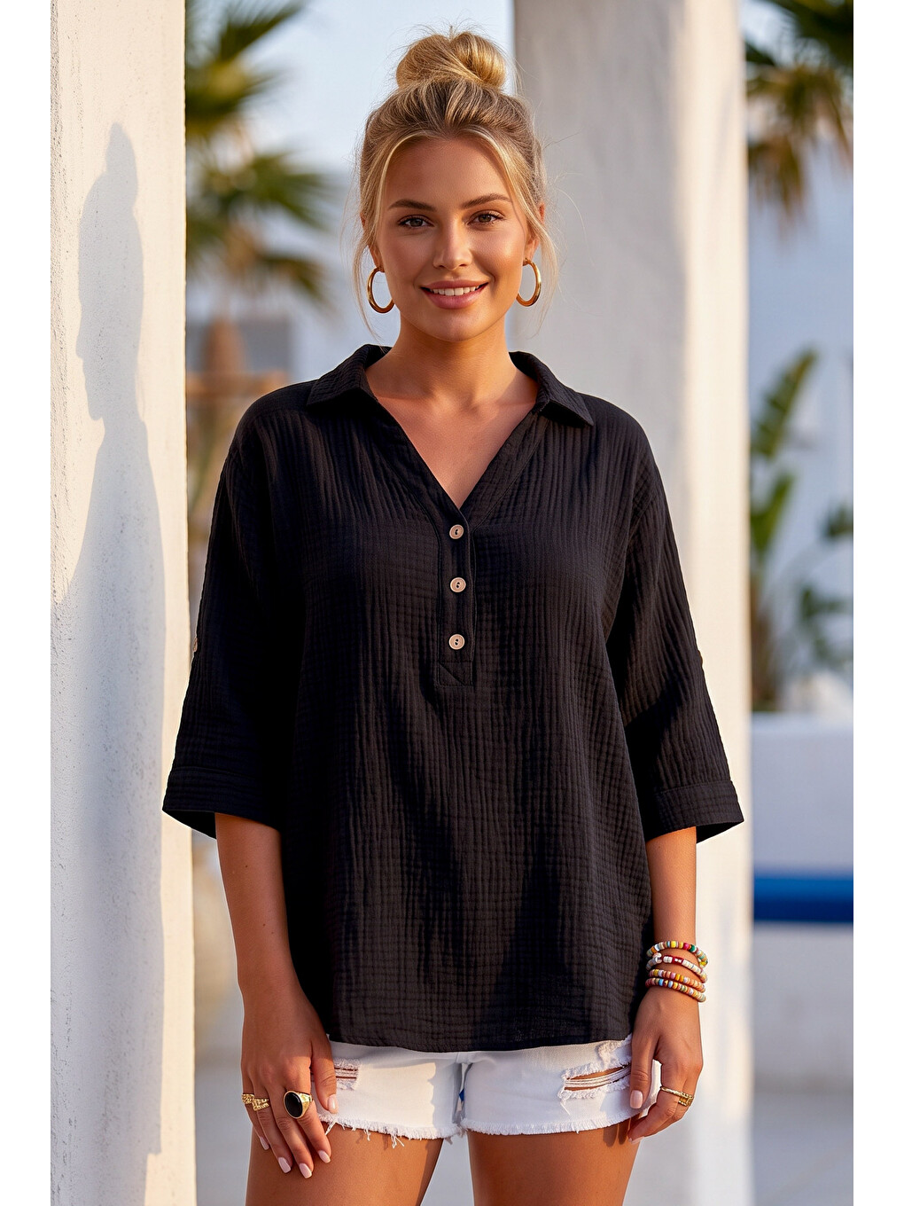 Siyah Gömlek Yaka Düğmeli 3/4 Kol Casual Müslin Oversize Dokuma 67 67-5