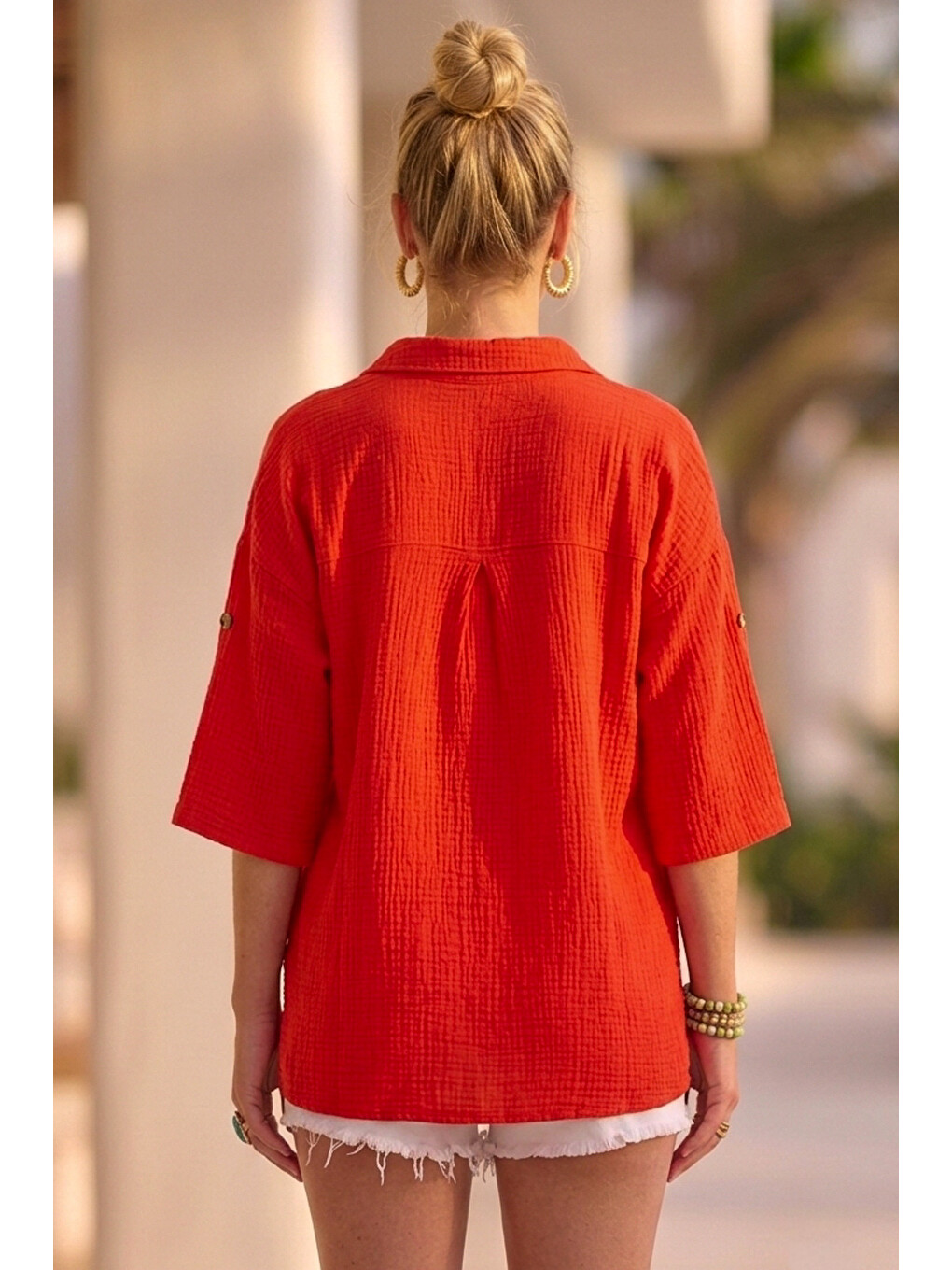 Kırmızı Narçiçeği Gömlek Yaka Düğmeli 3/4 Kol Casual Müslin Oversize Dokuma 67 55-3