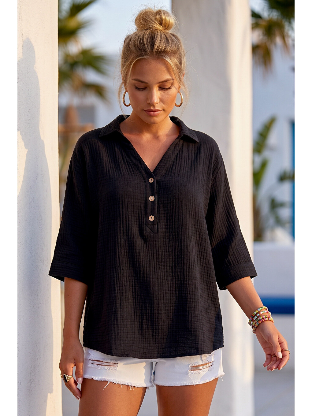 Siyah Gömlek Yaka Düğmeli 3/4 Kol Casual Müslin Oversize Dokuma 67 67-6