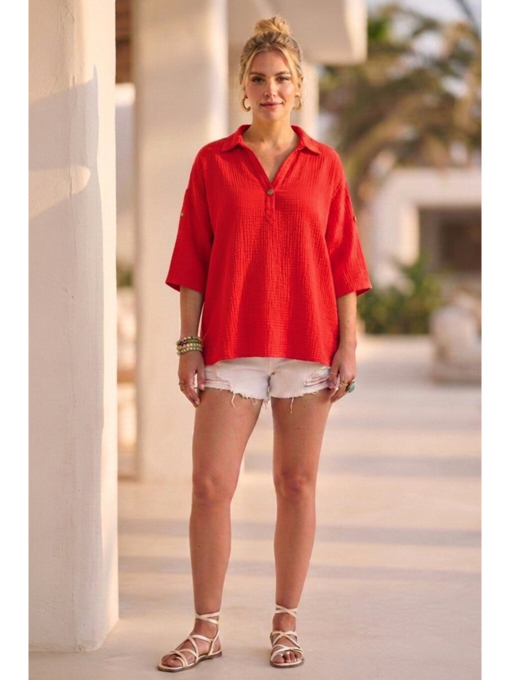 Kırmızı Narçiçeği Gömlek Yaka Düğmeli 3/4 Kol Casual Müslin Oversize Dokuma 67 55-4