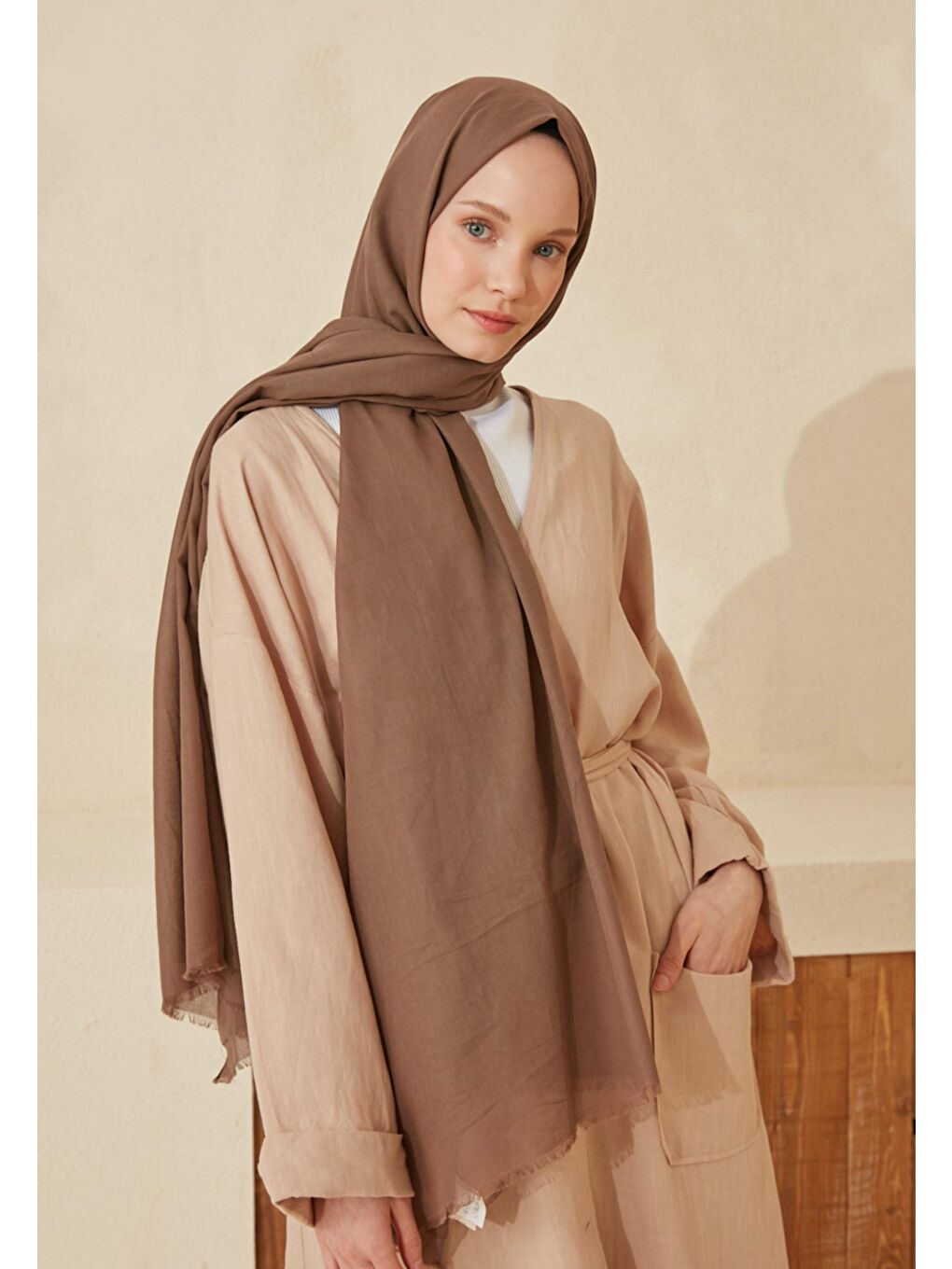 Kahverengi İnce Pamuk Vual Şal Koyu Vizon-3