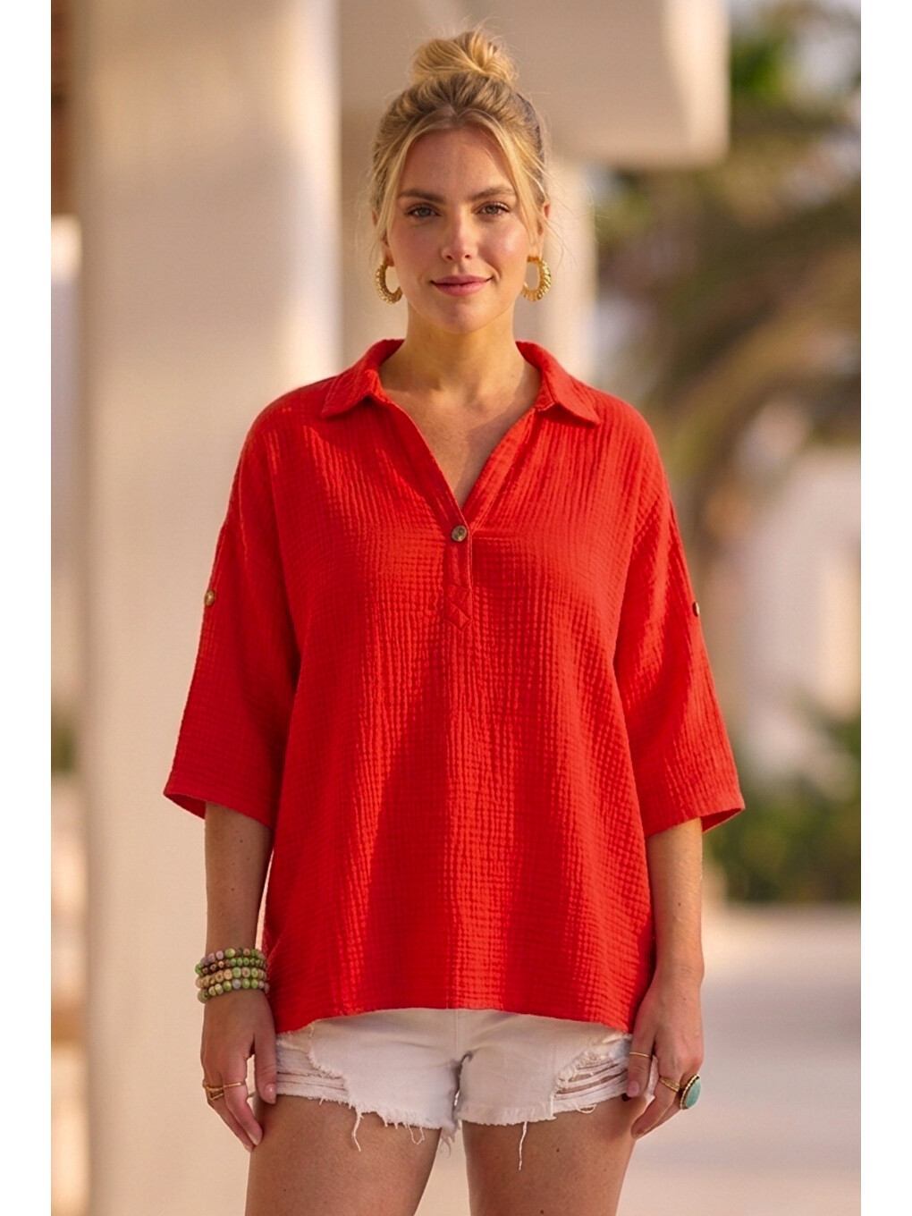 Kırmızı Narçiçeği Gömlek Yaka Düğmeli 3/4 Kol Casual Müslin Oversize Dokuma 67 55-5