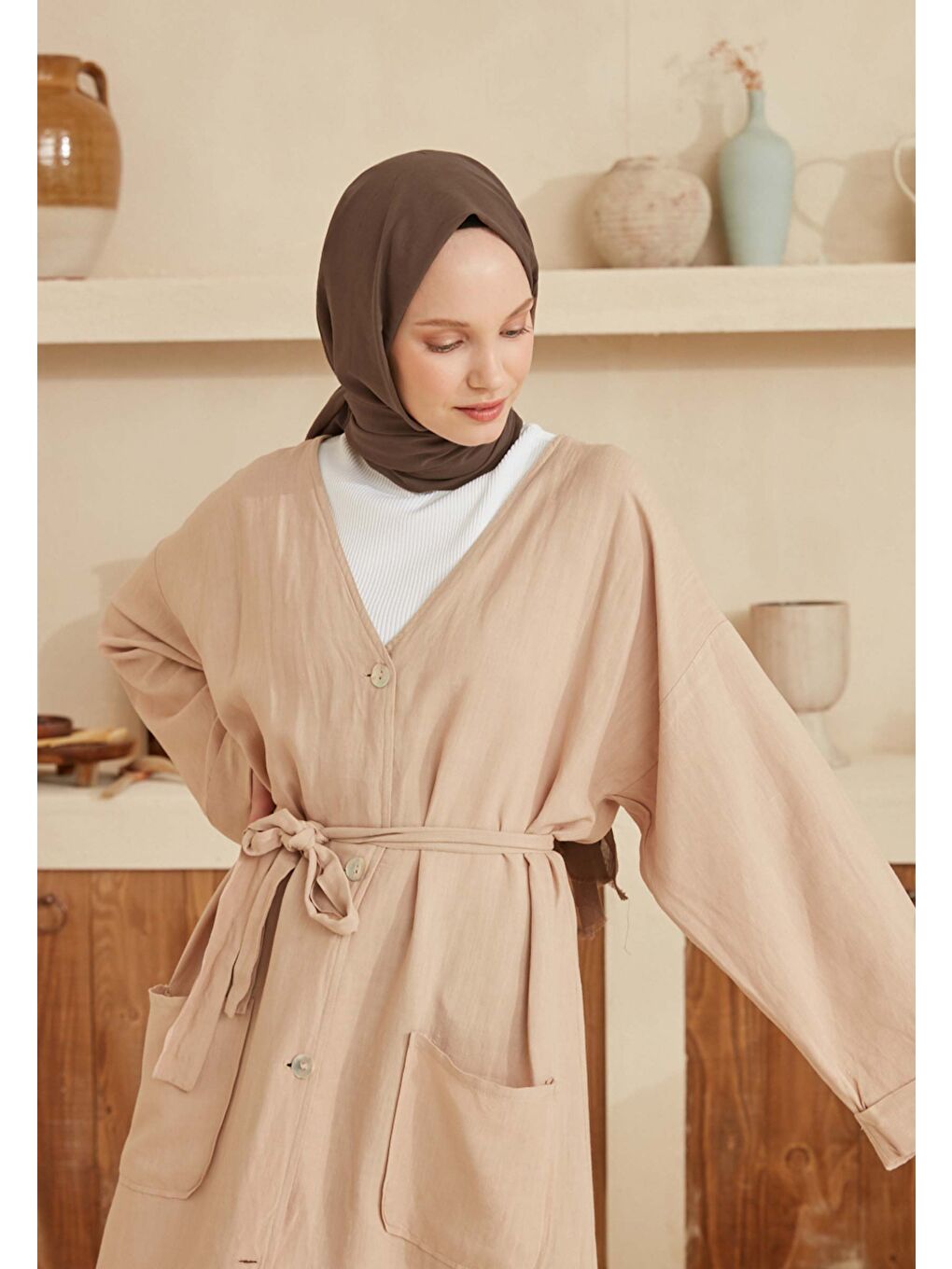 Kahverengi İnce Pamuk Vual Şal Koyu Vizon-4