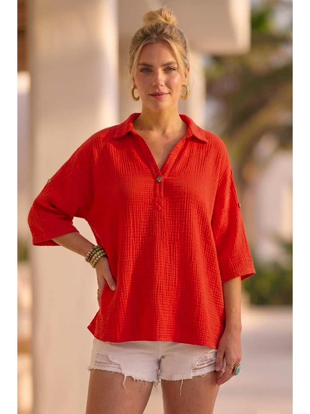 Kırmızı Narçiçeği Gömlek Yaka Düğmeli 3/4 Kol Casual Müslin Oversize Dokuma 67 55-6
