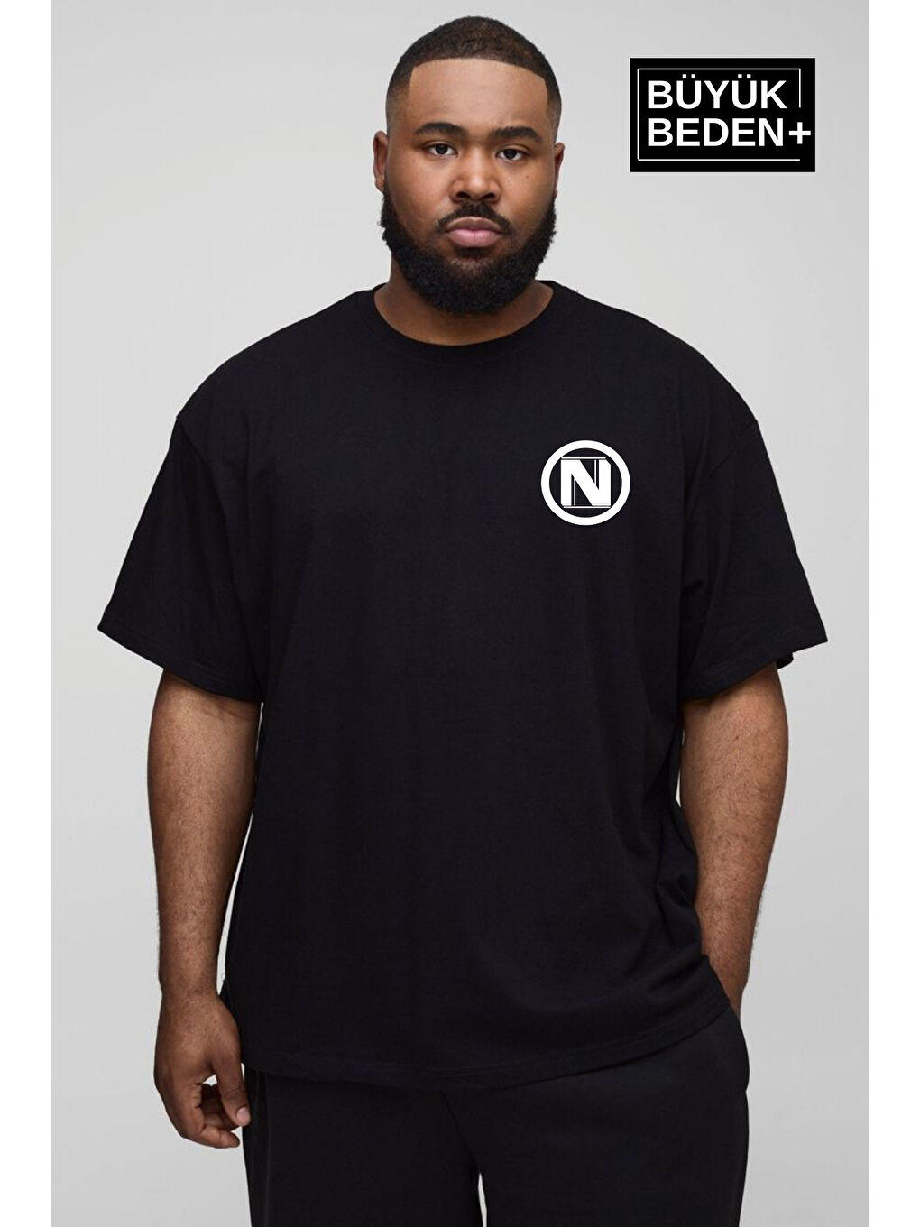 Siyah Erkek  N Baskılı Bisiklet Yaka Büyük Beden Tişört SPR25BTS902