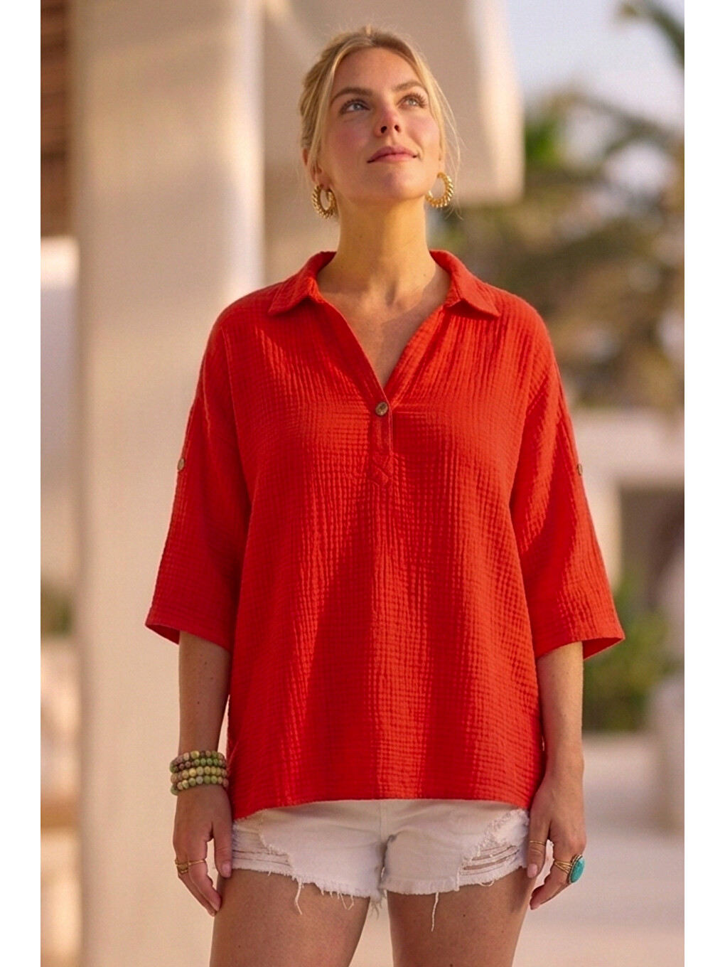 Kırmızı Narçiçeği Gömlek Yaka Düğmeli 3/4 Kol Casual Müslin Oversize Dokuma 67 55-7