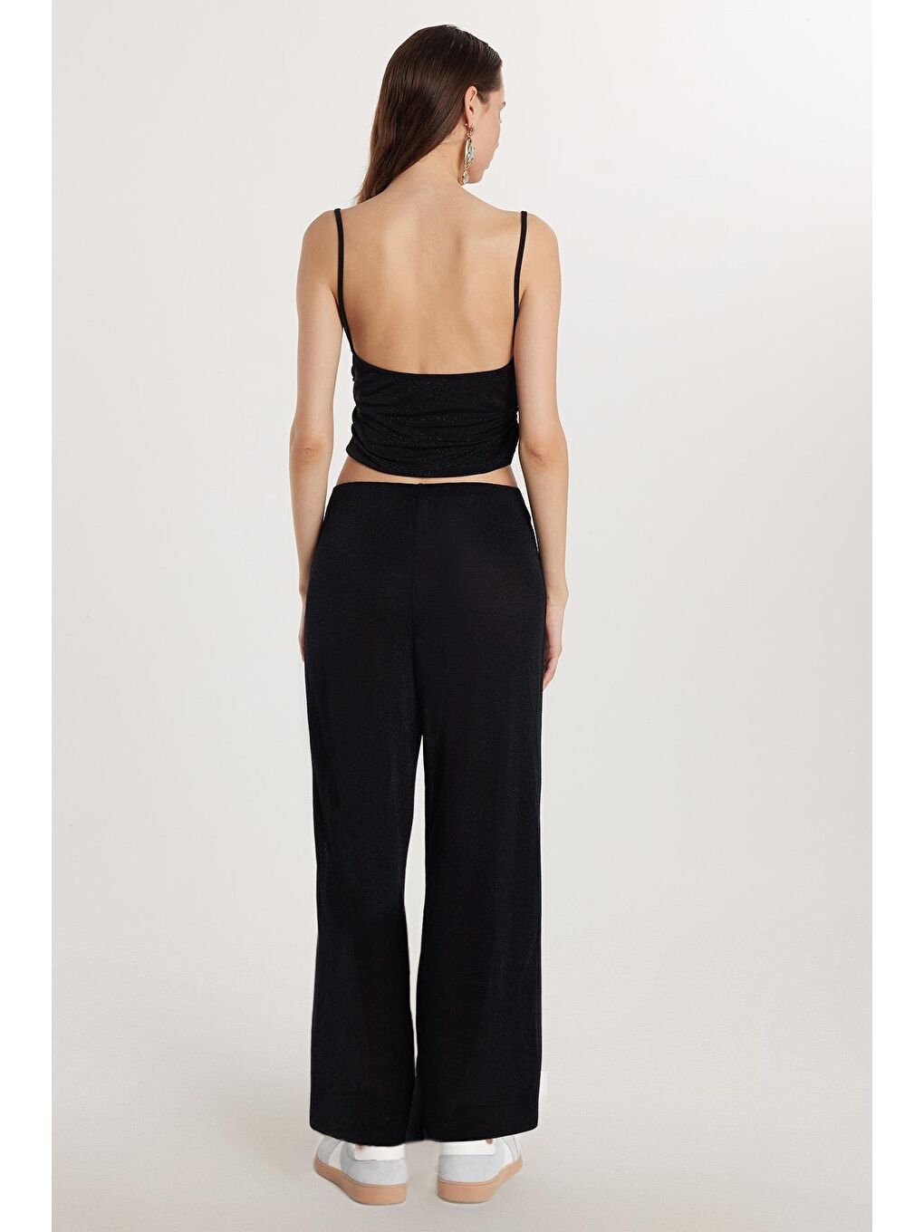 Kadın Slim Fit Dar Kesim Beli Lastikli Palazzo Geniş Paça Siyah Pantolon-3