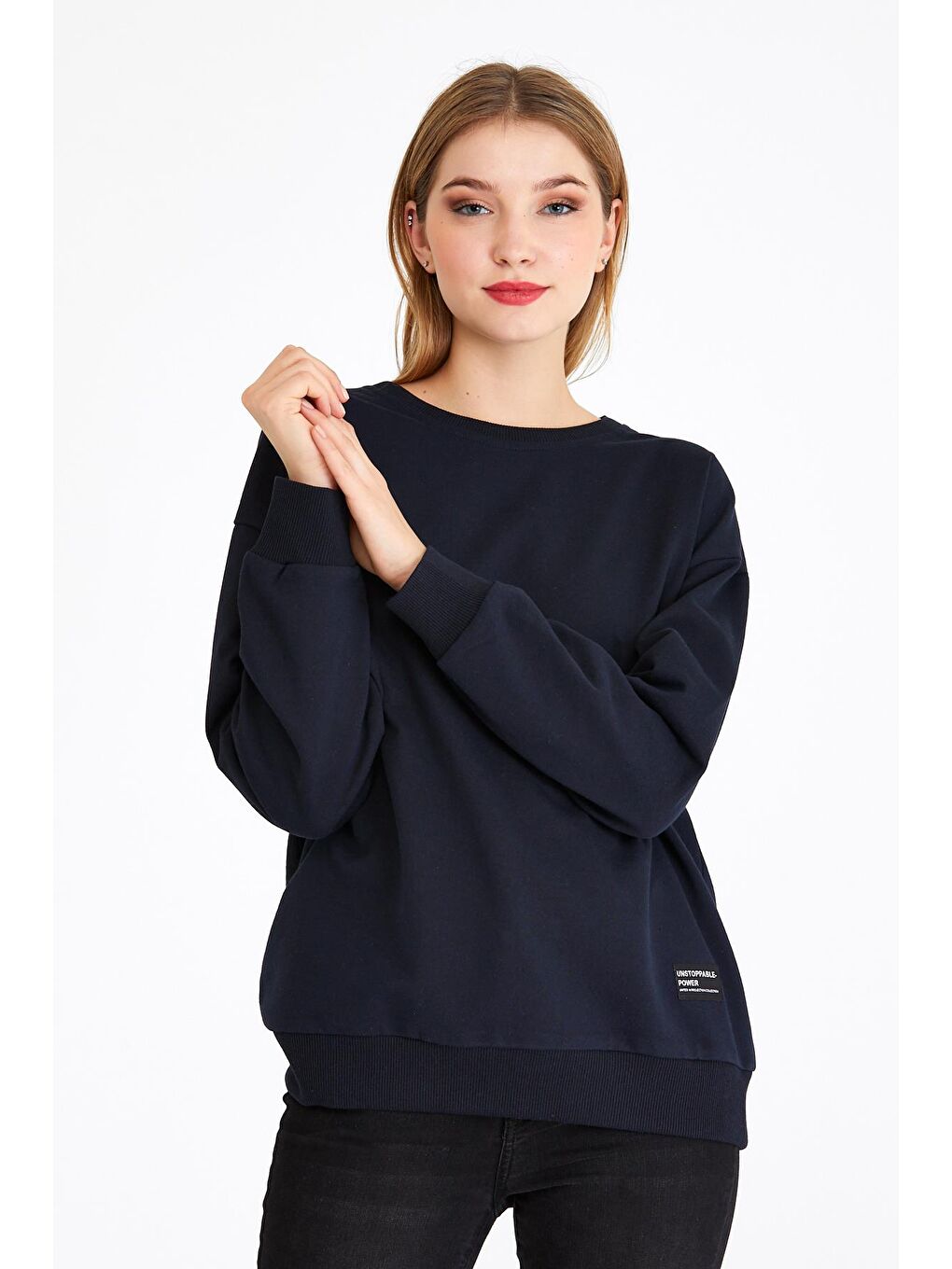 MMETALIC Lacivert Kadın Lacivert Renk Basic Bisiklet Yaka Sweatshirt