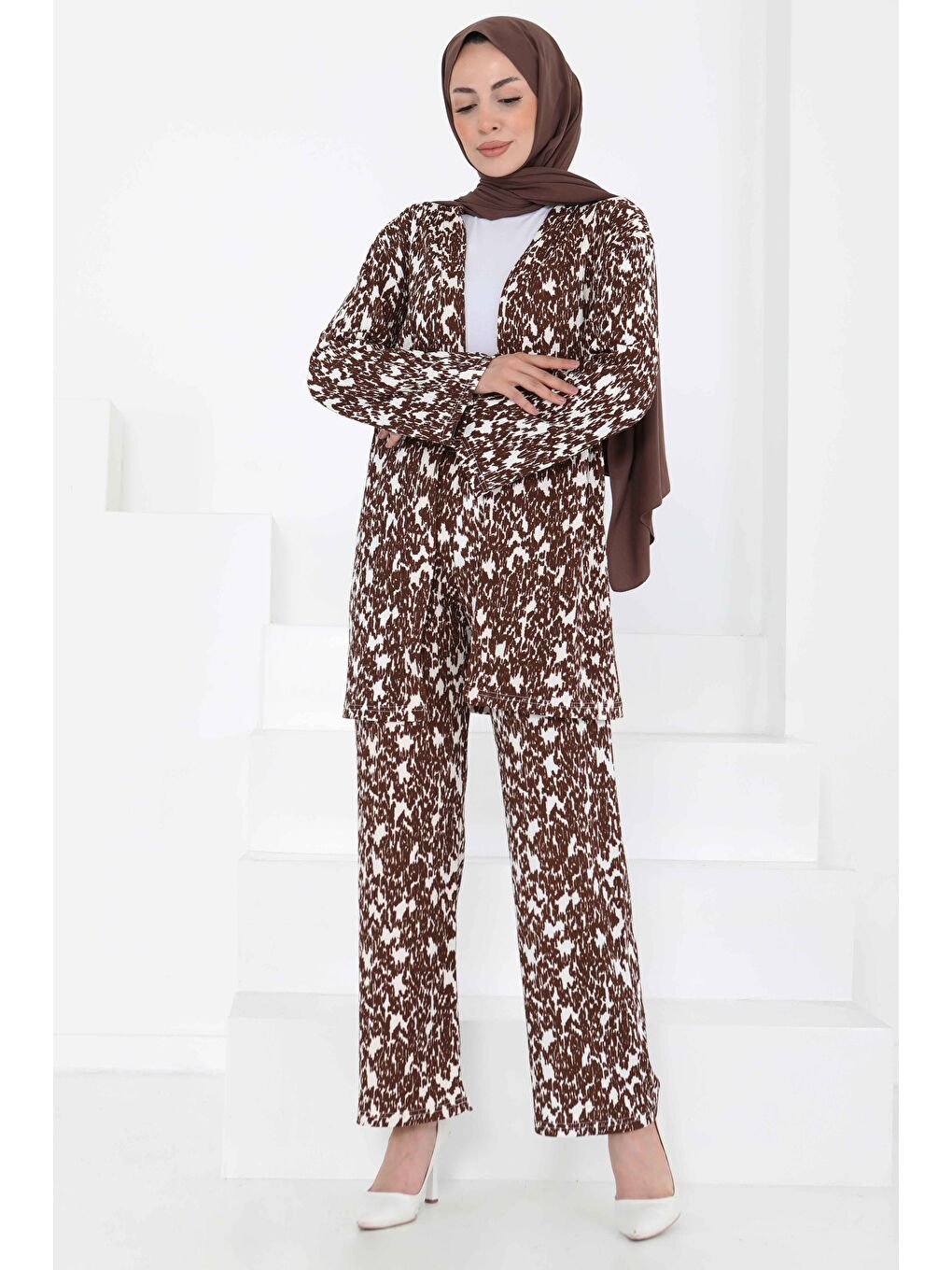 Kahverengi Desenli Kimono Takım Kahve - 27132